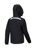 Alpinestars Youth Racer MX Fleece, black motocross hoodie, back view featuring white Alpinestars wordmark across the shoulders, structured fleece with compact hood, ergonomic design for off-road riding