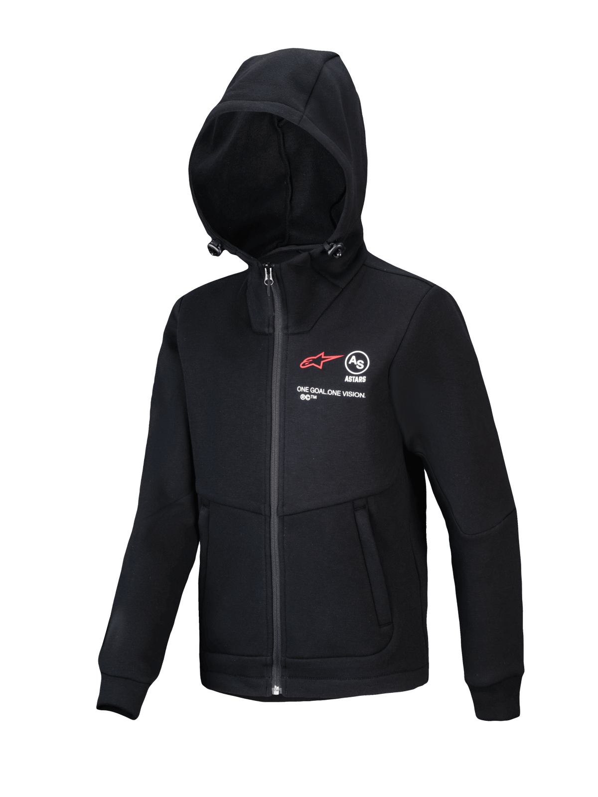 Alpinestars Youth Racer MX Fleece, Black Motocross Hoodie, full-zip jacket with adjustable hood, featuring red A-star logo and "ONE GOAL. ONE VISION." branding, zippered hand pockets, casual performance wear for youth riders