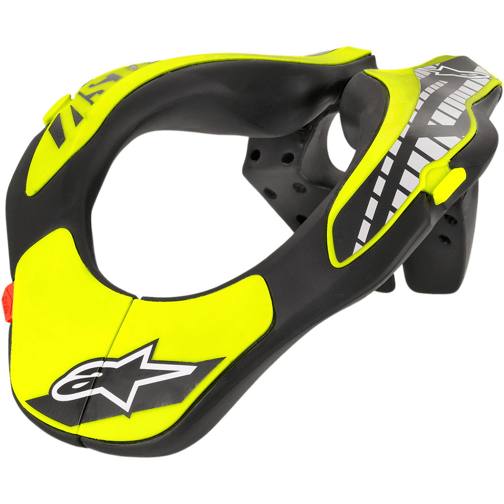 Alpinestars Youth Neck Support, protector cervical de motocross, negro y amarillo neón, chasis de perfil ergonómico con el logotipo de la estrella de Alpinestars, construcción ligera para protección de motocross juvenil y off-road