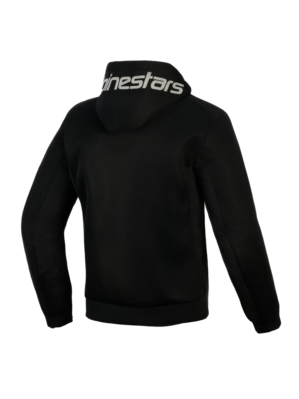 Alpinestars Chrome Superairflow Hoodie, negra, vista trasera, con el logotipo de Alpinestars en blanco en la capucha, construcción de malla técnica 3D completa para ventilación, prenda de protección para moto en climas cálidos