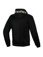 Alpinestars Chrome Superairflow Hoodie, negra, vista trasera, con el logotipo de Alpinestars en blanco en la capucha, construcción de malla técnica 3D completa para ventilación, prenda de protección para moto en climas cálidos