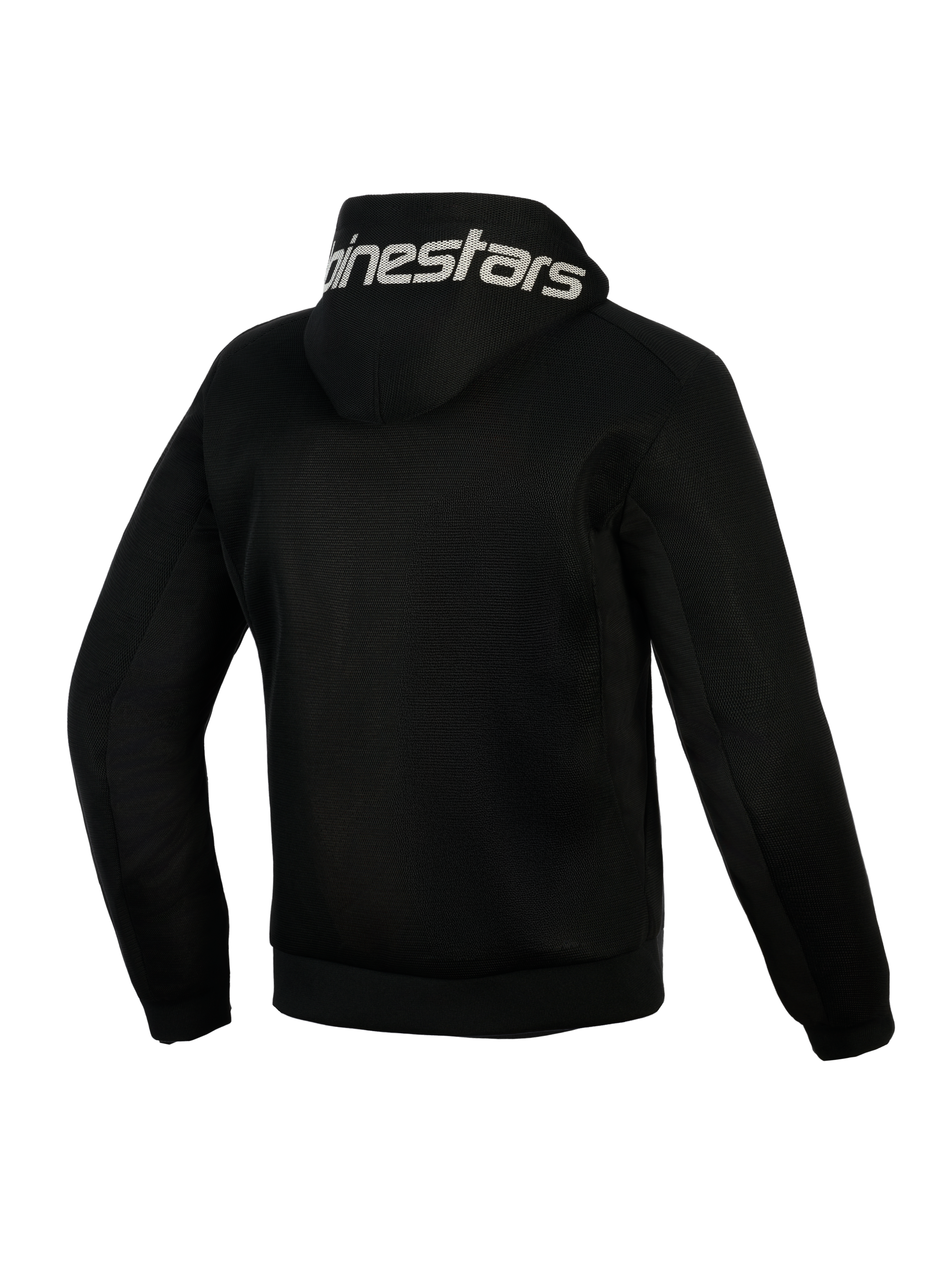 Alpinestars Chrome Superairflow Hoodie, negra, vista trasera, con el logotipo de Alpinestars en blanco en la capucha, construcción de malla técnica 3D completa para ventilación, prenda de protección para moto en climas cálidos
