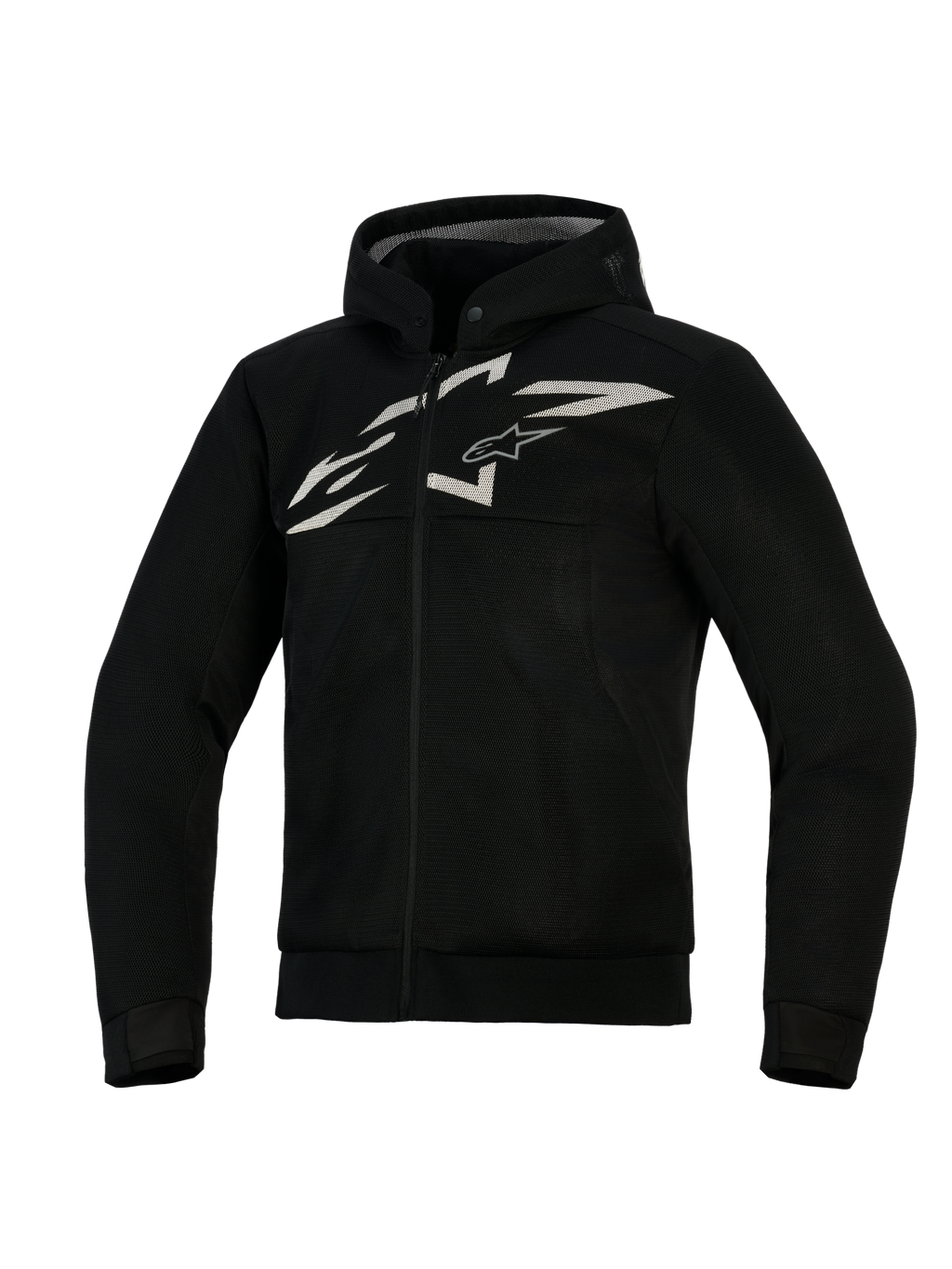 Alpinestars Chrome Superairflow Hoodie, sudadera de moto ventilada, negra con logotipo blanco y gris, con construcción de malla 3D completa, diseño de cremallera frontal con capucha integrada y corte atlético para conducción deportiva