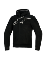 Alpinestars Chrome Superairflow Hoodie, sudadera de moto ventilada, negra con logotipo blanco y gris, con construcción de malla 3D completa, diseño de cremallera frontal con capucha integrada y corte atlético para conducción deportiva