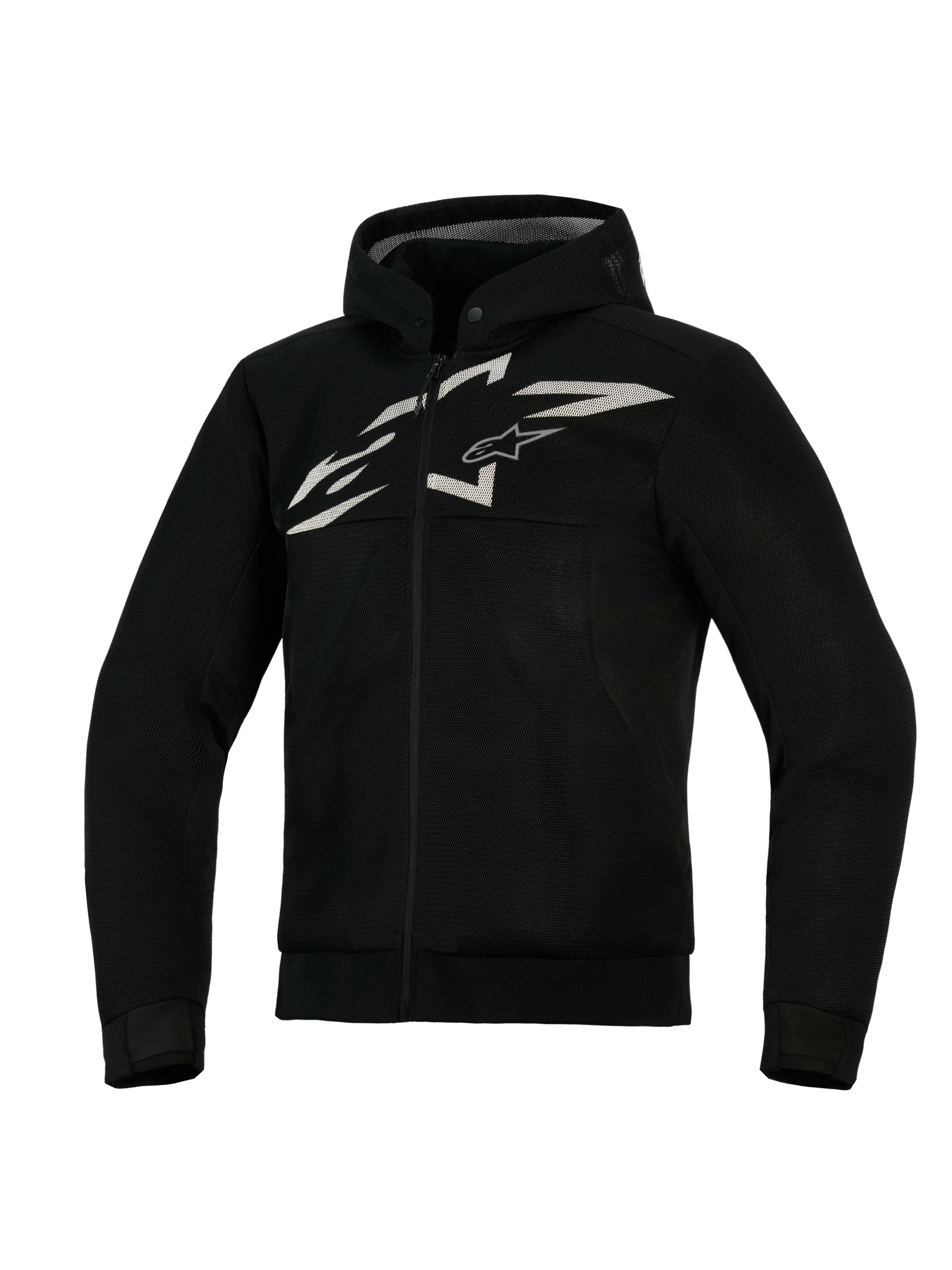 Alpinestars Chrome Superairflow Hoodie, sudadera de moto ventilada, negra con logotipo blanco y gris, con construcción de malla 3D completa, diseño de cremallera frontal con capucha integrada y corte atlético para conducción deportiva