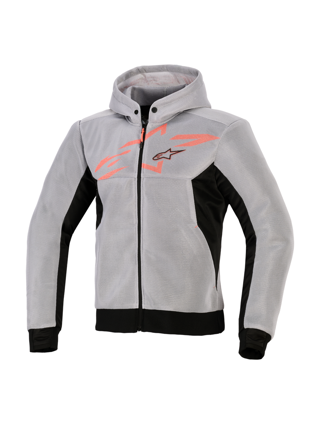 Alpinestars Chrome Superairflow Hoodie, Technical Riding Hoodie, Black Mid Gray and Red Fluo, 3D technical mesh construction, light gray with black side panels and hem, fluo red chest graphic with Alpinestars star logo, sporty motorcycle gear