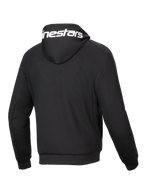 Alpinestars Chrome V2 Sport, chaqueta de moto negra, vista trasera con logo blanco en capucha y forro polar técnico.