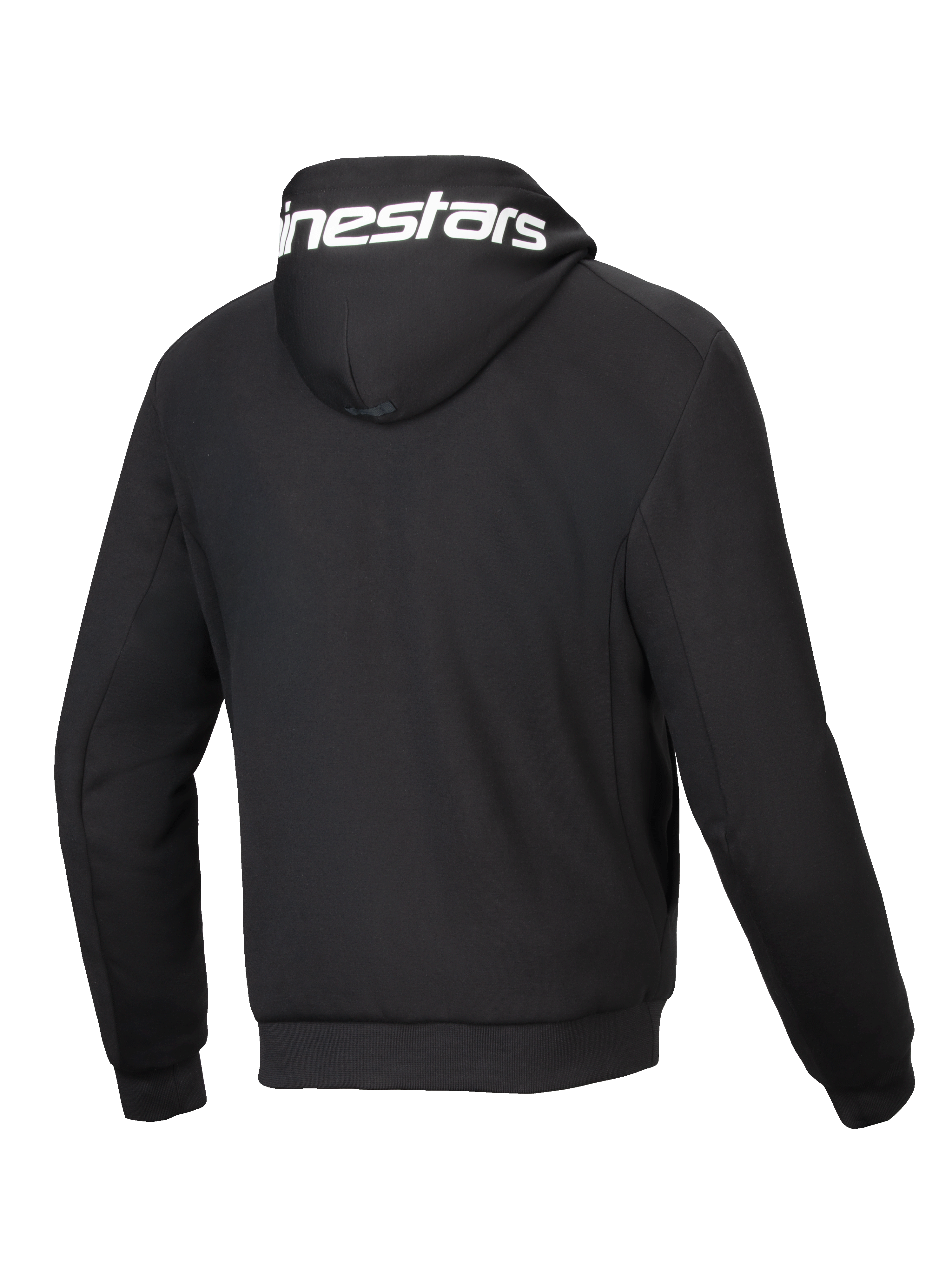 Alpinestars Chrome V2 Sport, chaqueta de moto negra, vista trasera con logo blanco en capucha y forro polar técnico.