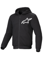 Sudadera Alpinestars Chrome V2 Sport de moto urbana, negra y blanca, con refuerzos aramídicos y certificación CE.