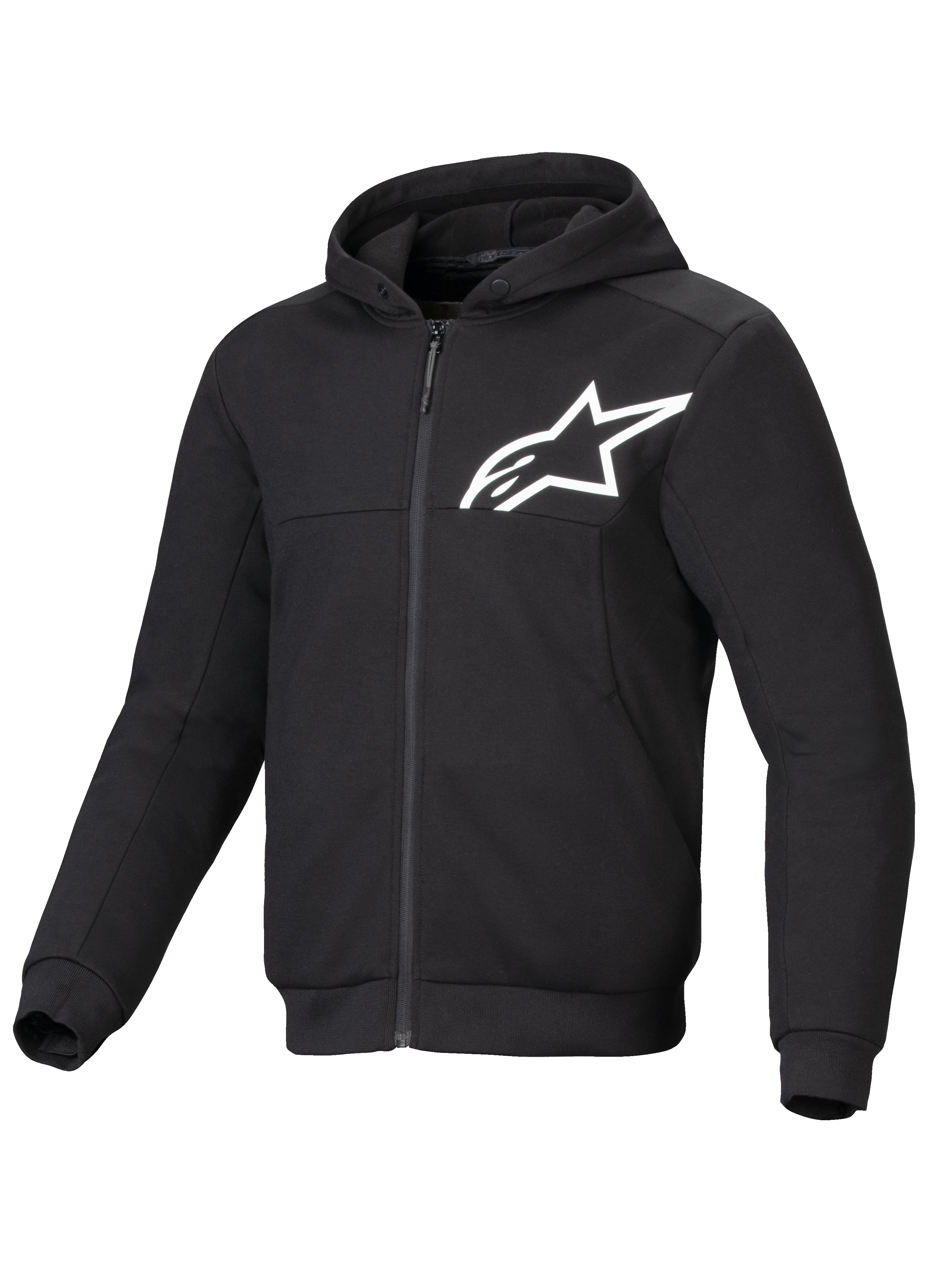 Sudadera Alpinestars Chrome V2 Sport de moto urbana, negra y blanca, con refuerzos aramídicos y certificación CE.