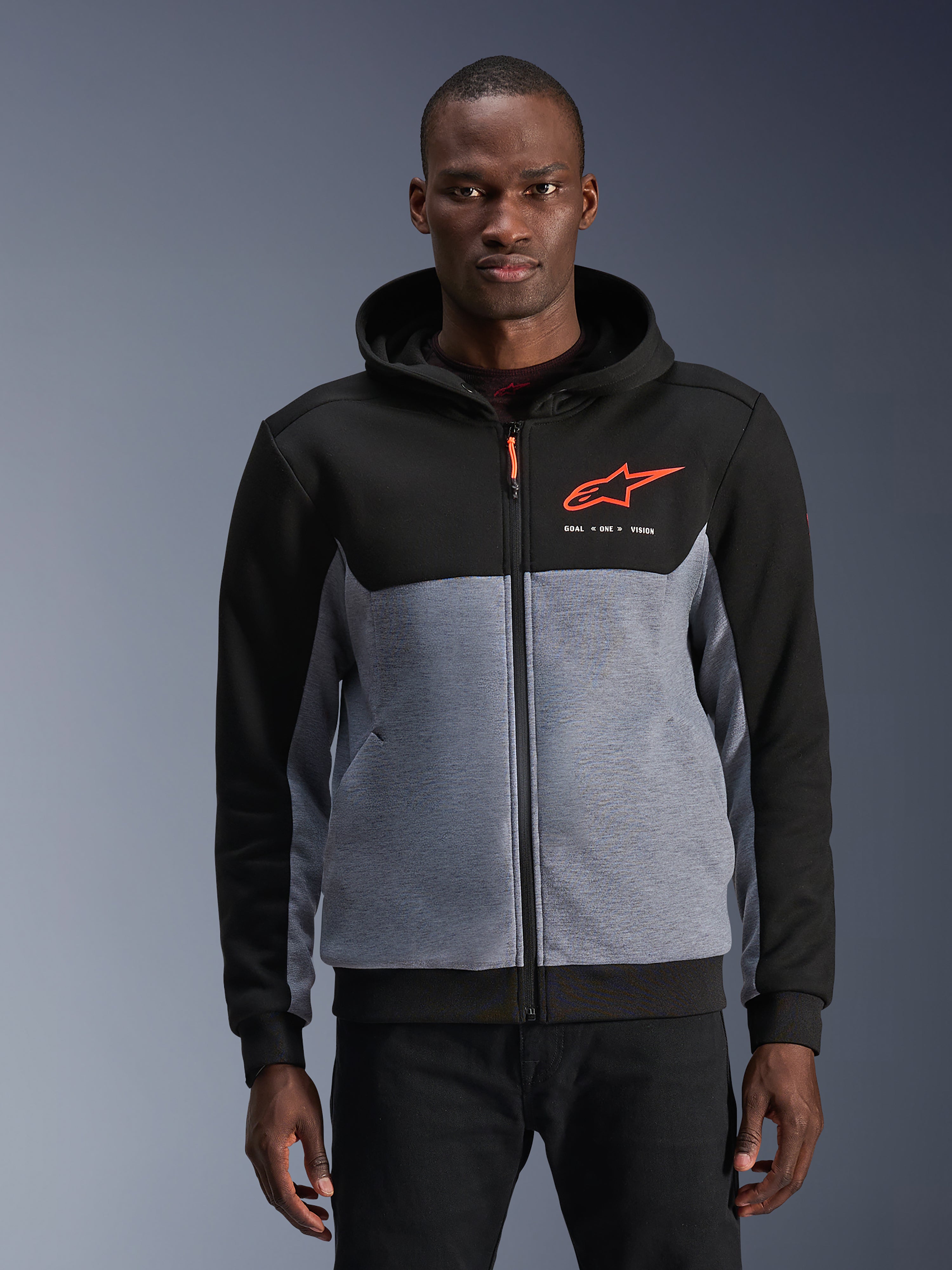 Alpinestars Chrome V2 Sport Hoodie, men's urban riding jacket in black and gray heather with red fluo accents.