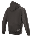 Sudadera Alpinestars Rhod Windstopper, chaqueta de moto urbana, negro melange, vista trasera con capucha desmontable, puños y dobladillo acanalados, y un sutil logotipo de estrella en la espalda