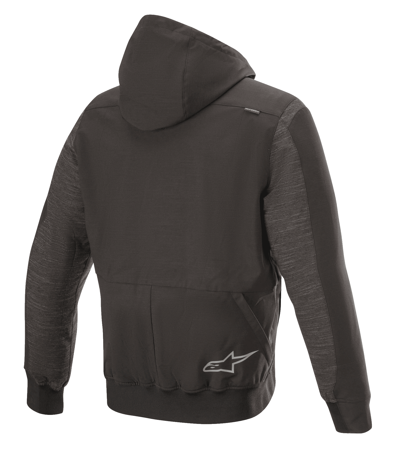 Sudadera Alpinestars Rhod Windstopper, chaqueta de moto urbana, negro melange, vista trasera con capucha desmontable, puños y dobladillo acanalados, y un sutil logotipo de estrella en la espalda