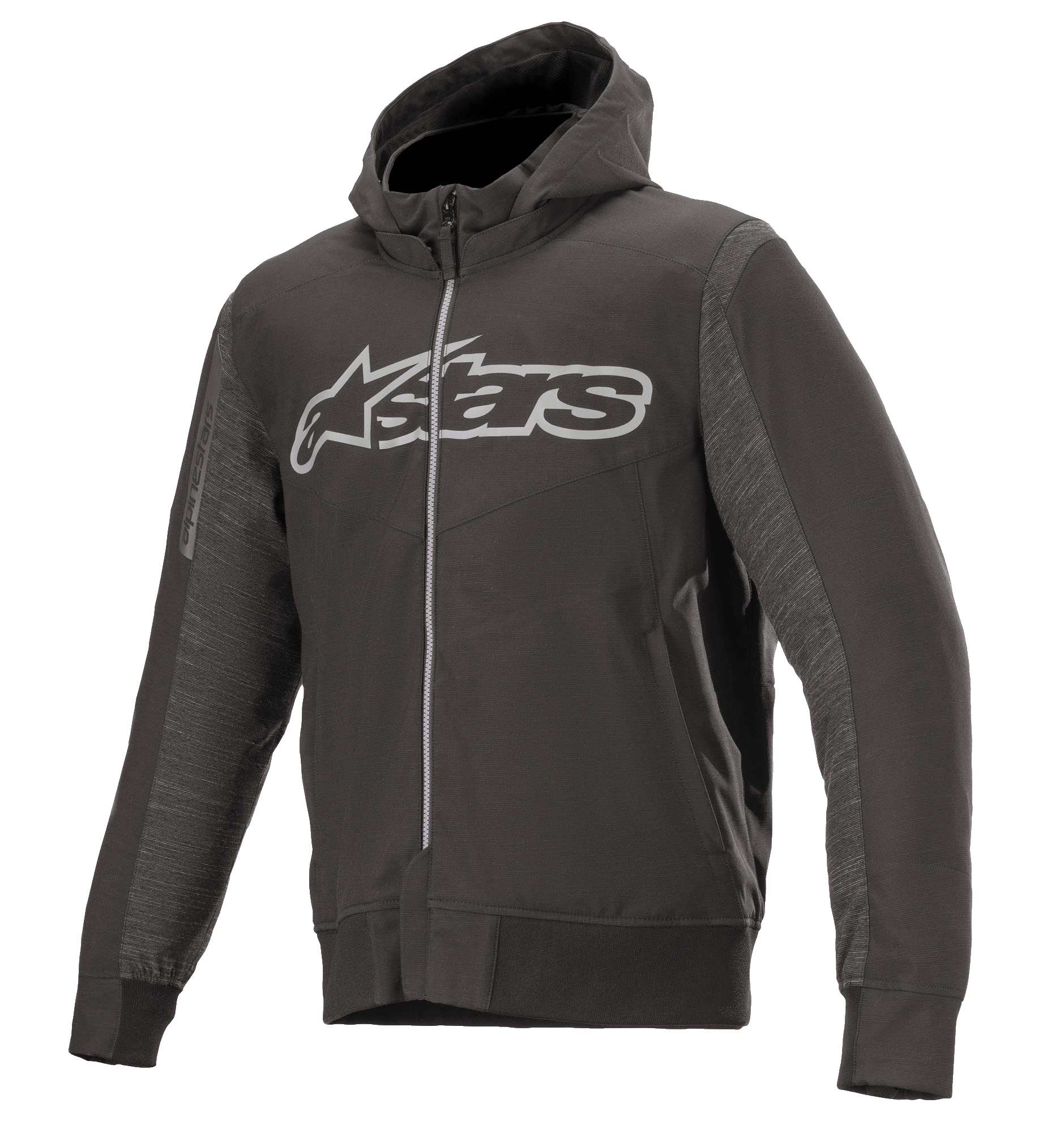 Alpinestars Rhod Windstopper Hoodie, negro melange y gris oscuro, logotipo grande de Astars en gris claro en el pecho, chaqueta de moto con capucha y cremallera completa, paneles laterales texturizados, puños y cintura acanalados, equipo de protección urbano para motoristas