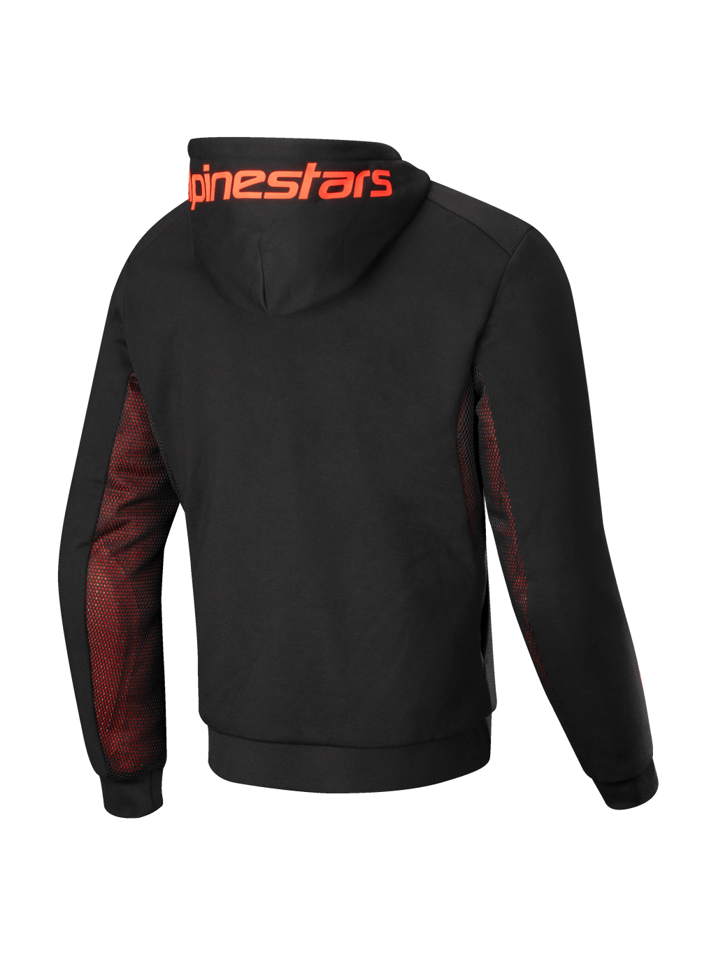 Alpinestars Sudadera Chrome Air Sport, sudadera de moto para hombre, vista trasera en color negro con paneles de malla roja en los costados y bajo las mangas, y gran logotipo Alpinestars en la capucha, certificada CE clase A