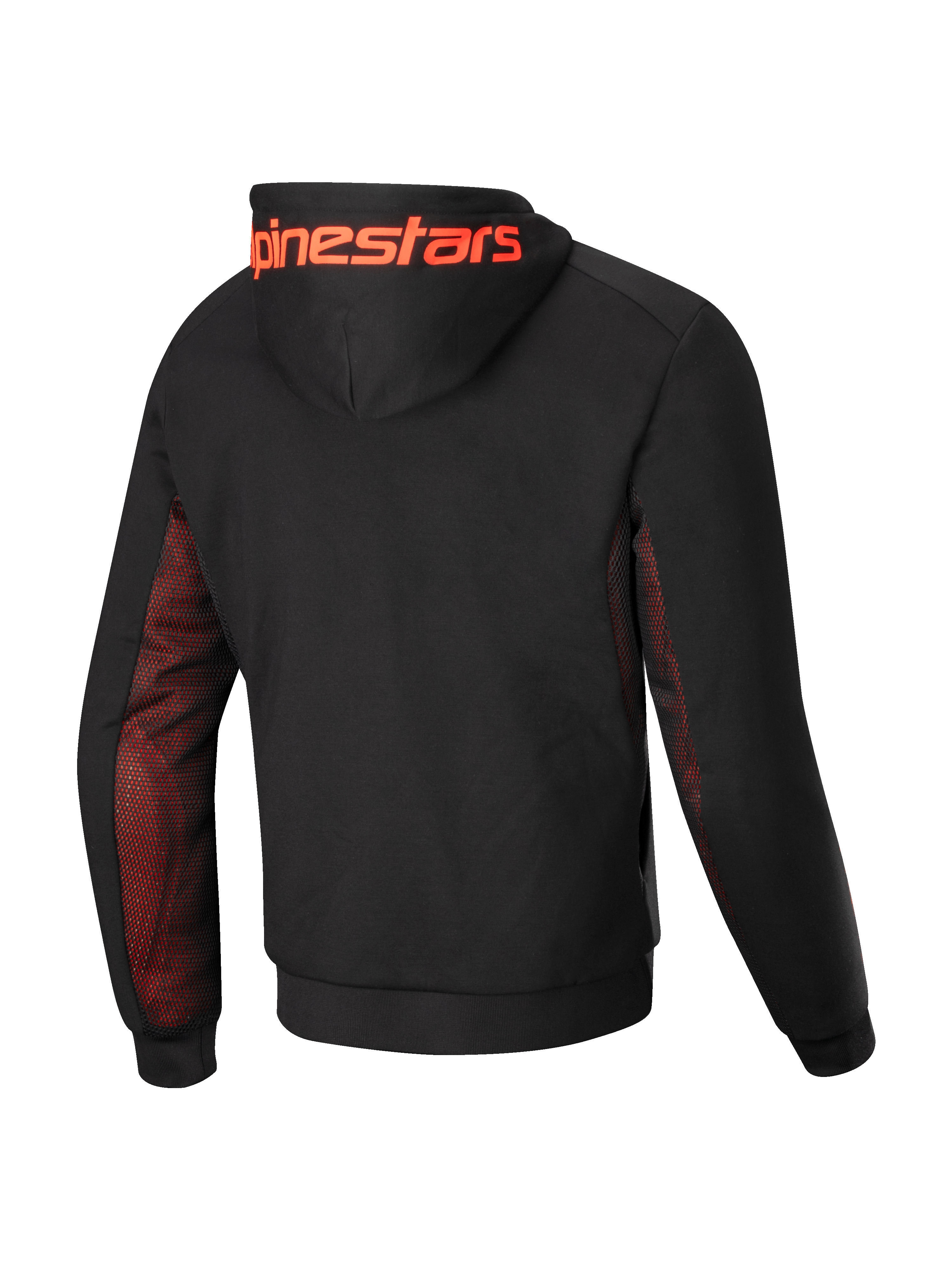 Alpinestars Sudadera Chrome Air Sport, sudadera de moto para hombre, vista trasera en color negro con paneles de malla roja en los costados y bajo las mangas, y gran logotipo Alpinestars en la capucha, certificada CE clase A