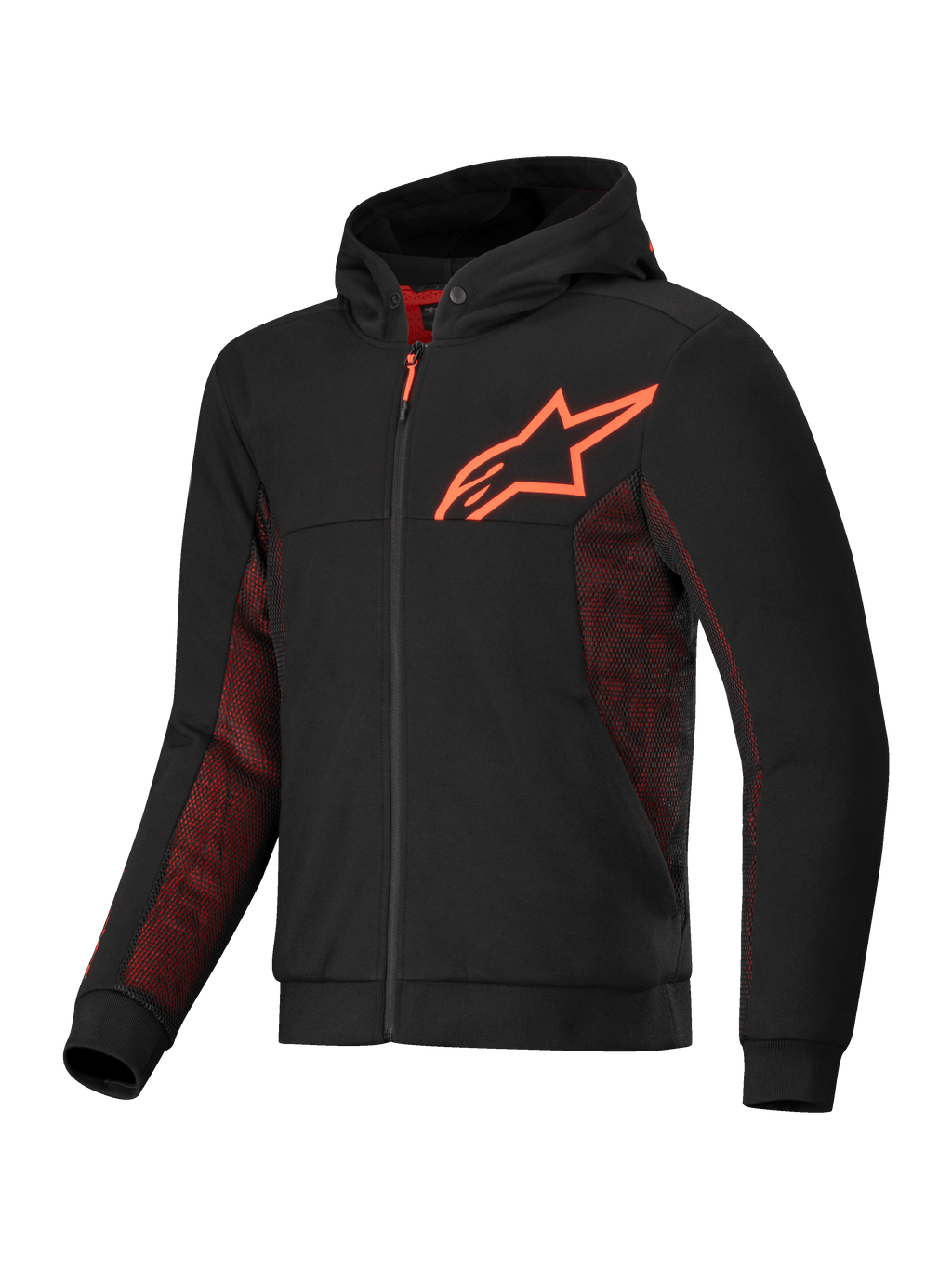 Alpinestars Sudadera Chrome Air Sport, chaqueta de moto para conducción urbana, negra y roja fluo, con construcción de forro polar técnico, paneles de malla y certificación CE