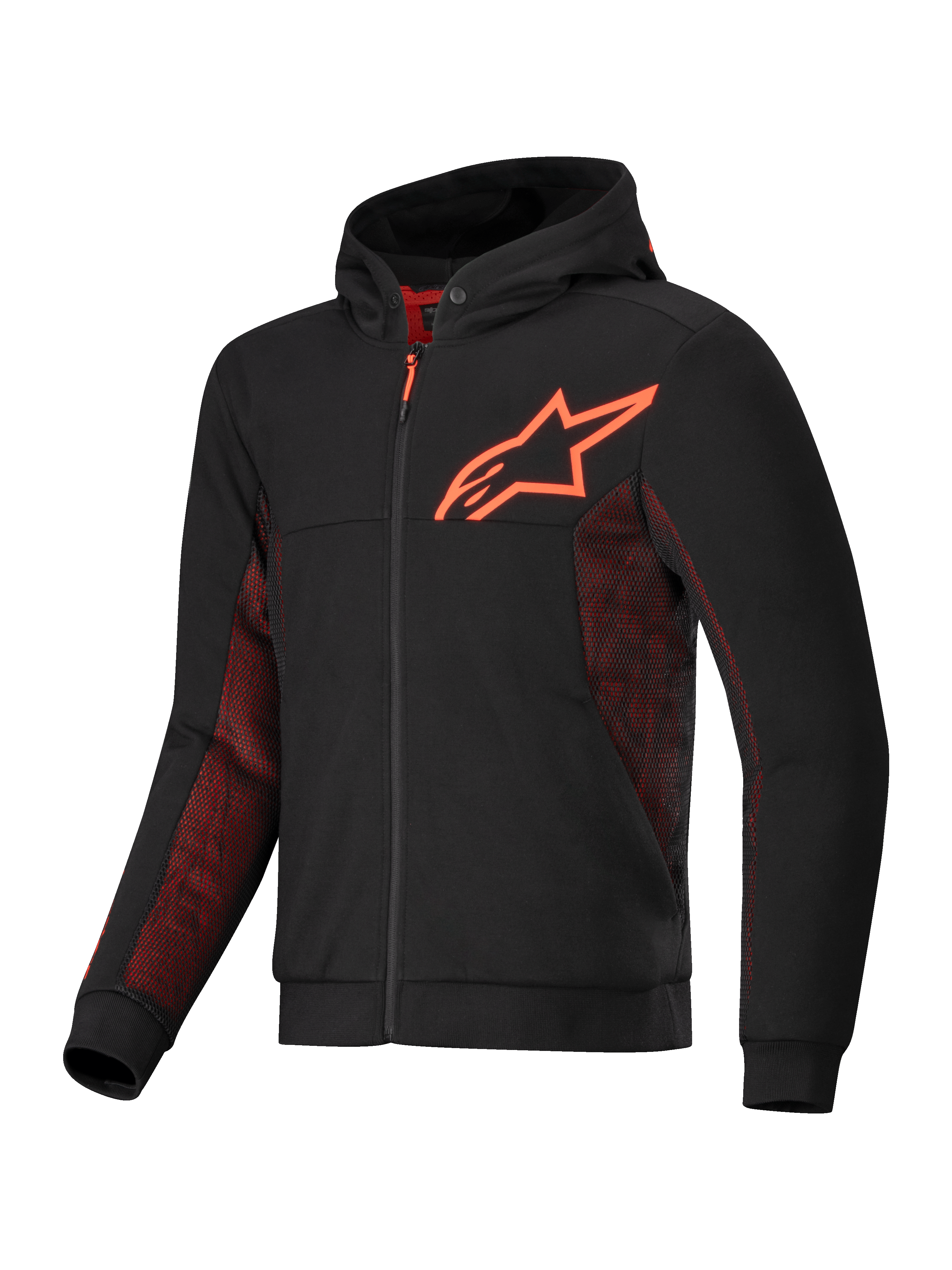 Alpinestars Sudadera Chrome Air Sport, chaqueta de moto para conducción urbana, negra y roja fluo, con construcción de forro polar técnico, paneles de malla y certificación CE