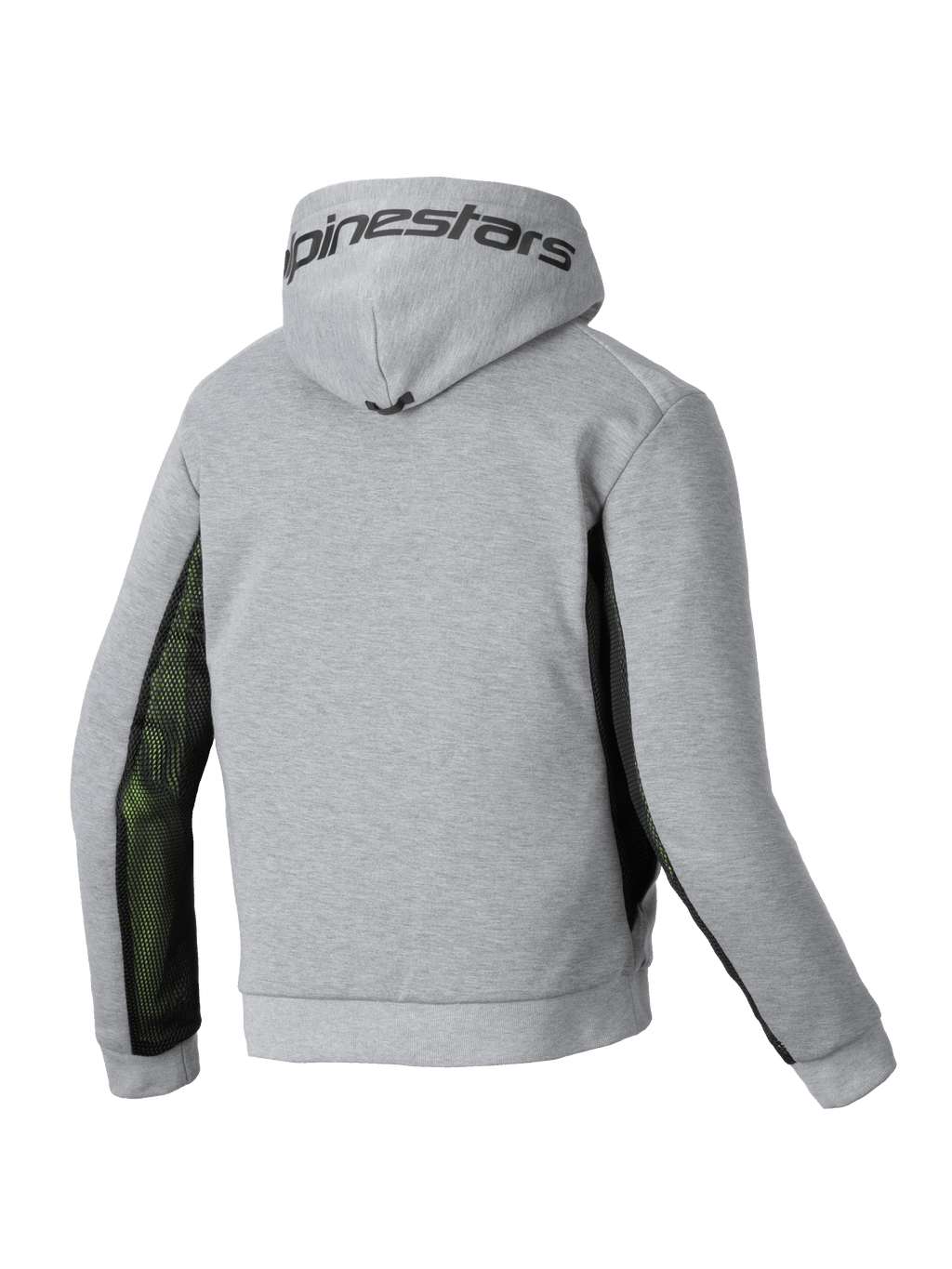 Alpinestars Chrome Air Sport Hoodie, men's motorcycle riding hoodie, rear view showing gray heather and black colorway with airflow mesh side panels and Alpinestars branding on the hood