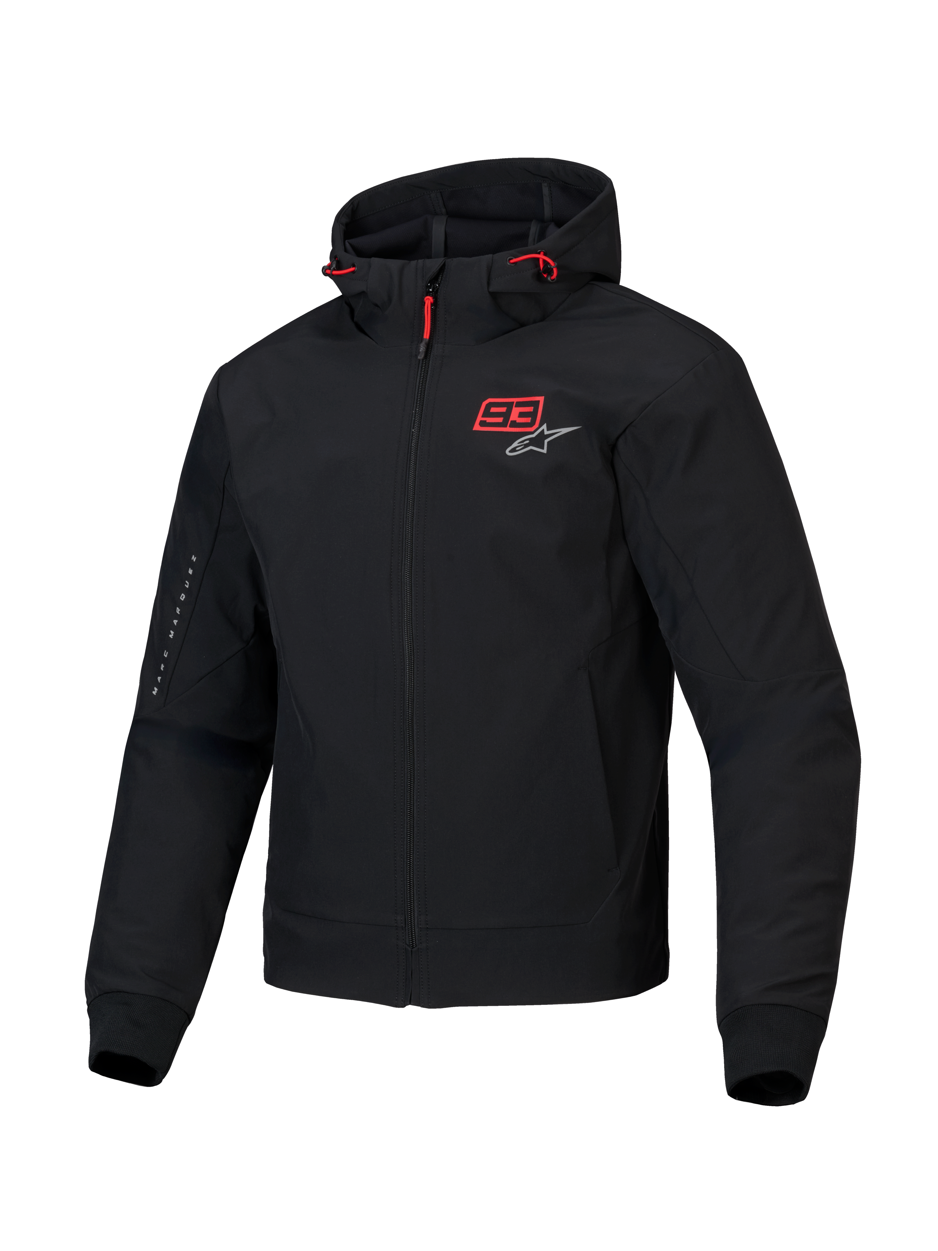 Alpinestars MM93 Radium Tech Hoodie, men's urban motorcycle jacket in black with bright red accents, featuring a windproof 3L tech shell and Nucleon Flex Plus CE level 1 armor