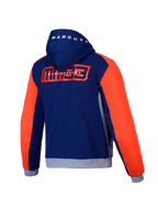 Alpinestars MM93 Chrome V2 Sport Hoodie, men's motorcycle riding hoodie, back view showing blue, navy, gray, and red fluo colors, featuring Marc Marquez graphics and CE certification