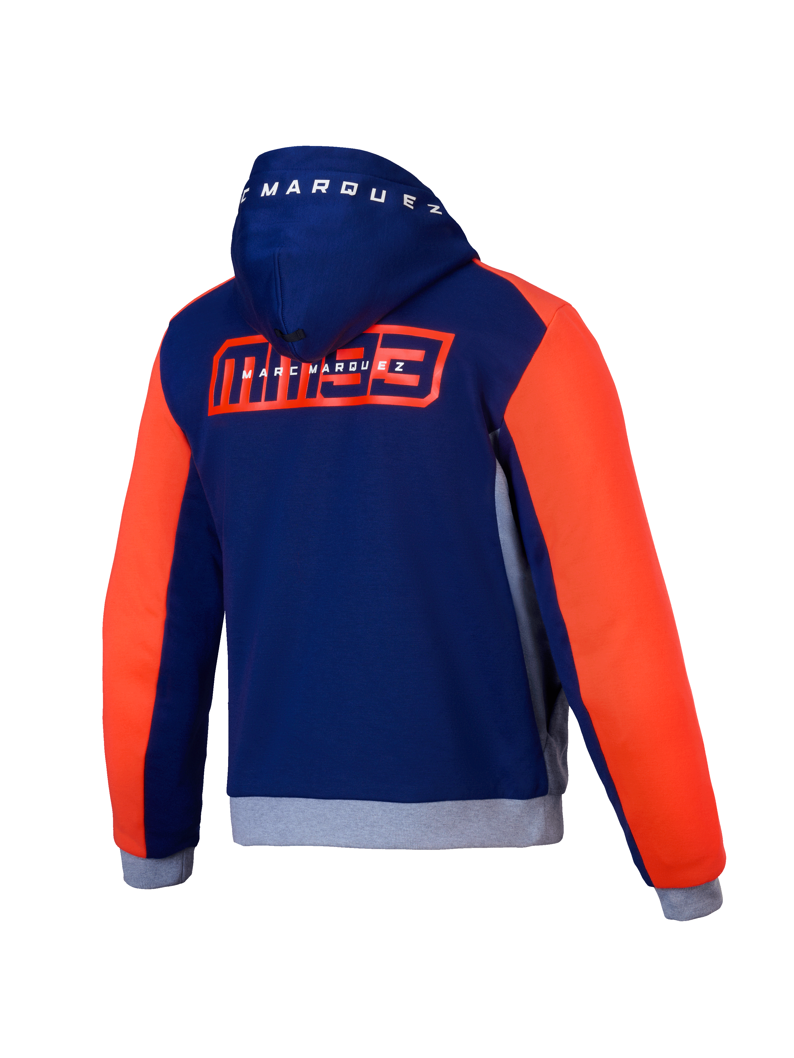 Alpinestars MM93 Chrome V2 Sport Hoodie, men's motorcycle riding hoodie, back view showing blue, navy, gray, and red fluo colors, featuring Marc Marquez graphics and CE certification