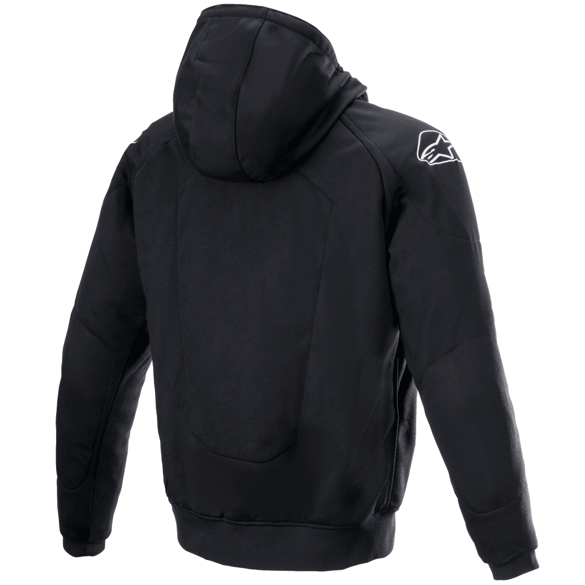 Alpinestars Chrome Ignition Hoodie, vista trasera, sudadera de moto textil en color negro, logotipo blanco de Alpinestars en el hombro derecho, equipamiento de conducción urbano casual con paneles reforzados en la espalda y los codos
