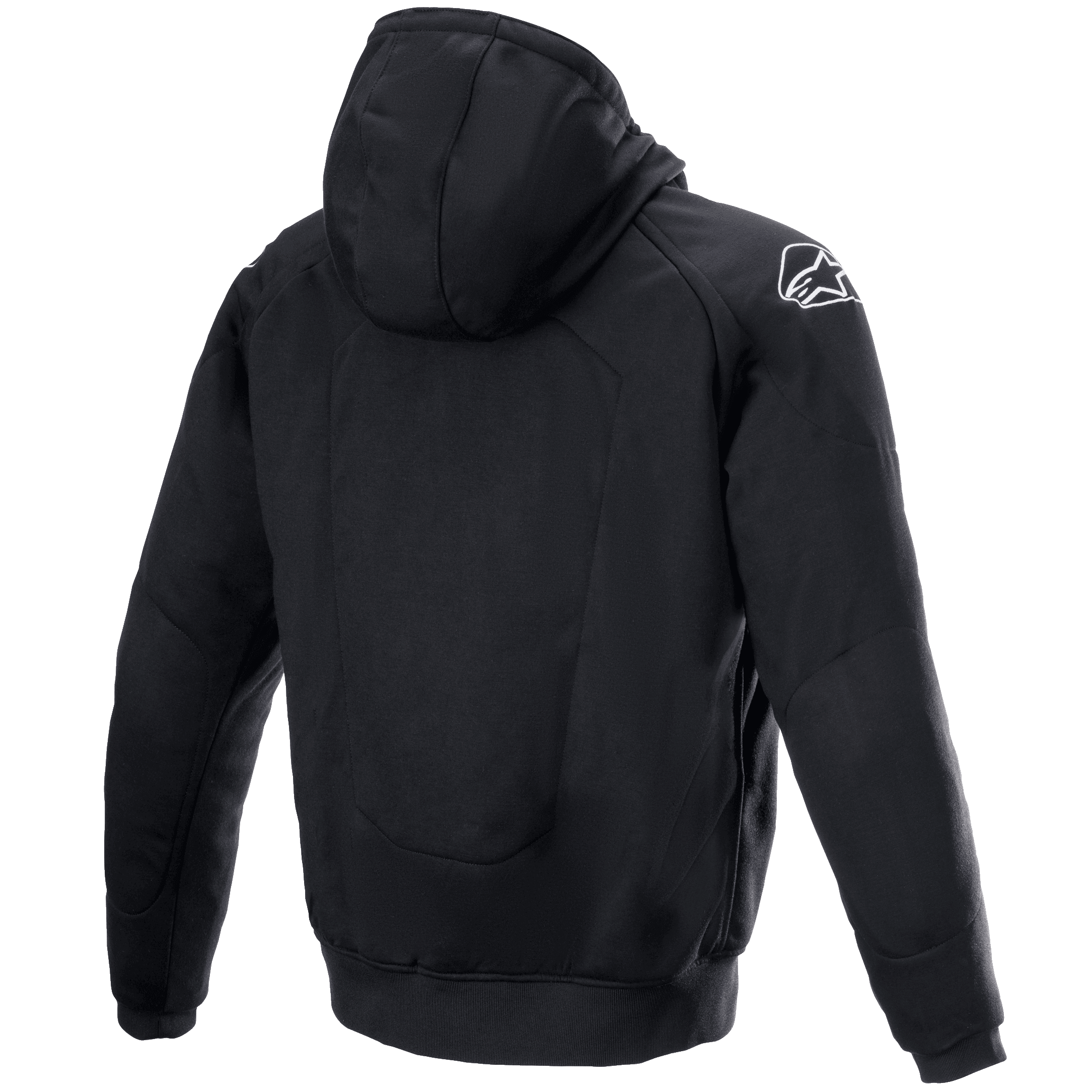 Alpinestars Chrome Ignition Hoodie, vista trasera, sudadera de moto textil en color negro, logotipo blanco de Alpinestars en el hombro derecho, equipamiento de conducción urbano casual con paneles reforzados en la espalda y los codos