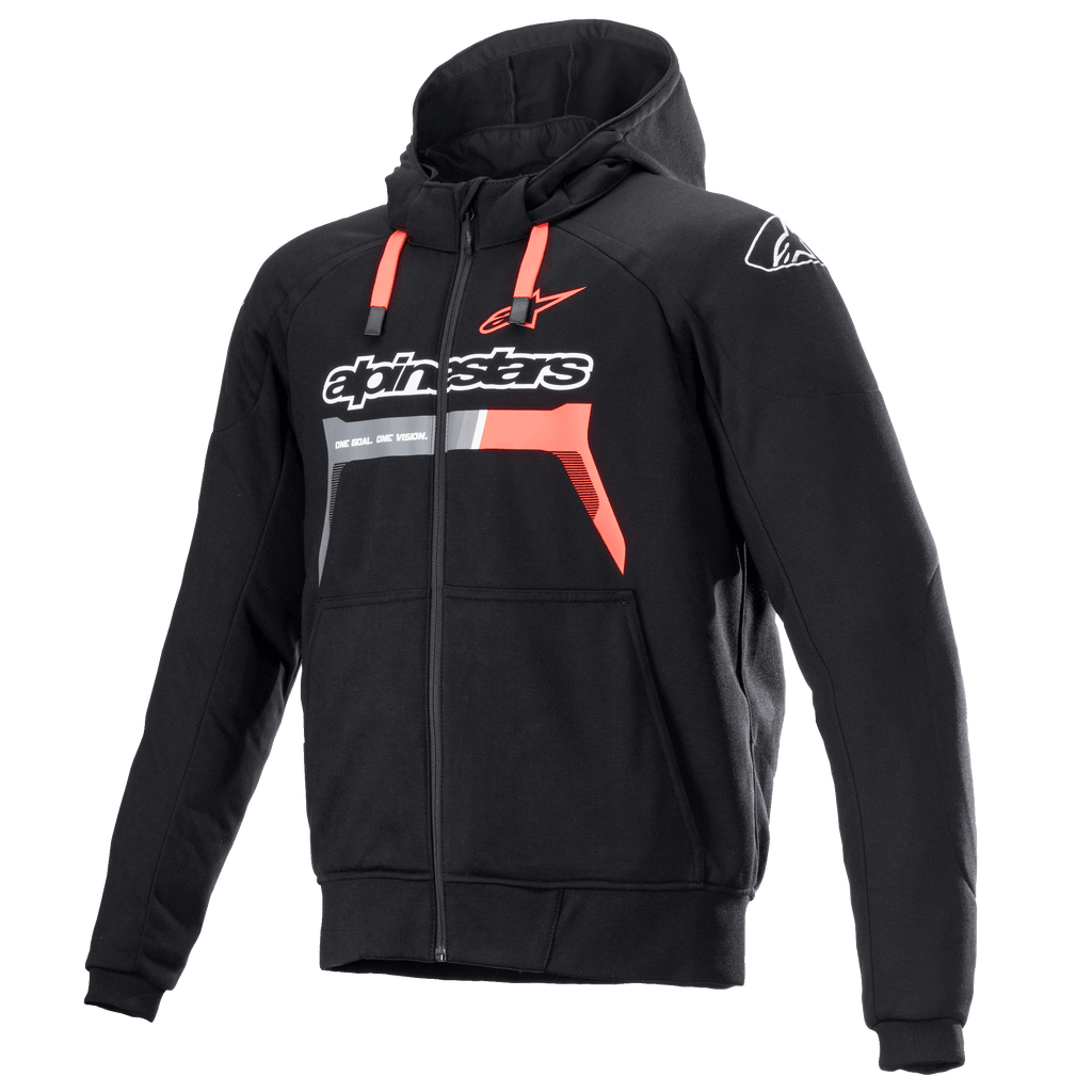 Sudadera Alpinestars Chrome Ignition, negro y rojo fluo, sudadera protectora de moto con cremallera, logotipo blanco en el pecho, cordones rojos y puños acanalados, equipamiento para conducción urbana