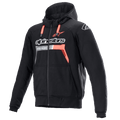 Sudadera Alpinestars Chrome Ignition, negro y rojo fluo, sudadera protectora de moto con cremallera, logotipo blanco en el pecho, cordones rojos y puños acanalados, equipamiento para conducción urbana