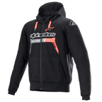 Sudadera Alpinestars Chrome Ignition, negro y rojo fluo, sudadera protectora de moto con cremallera, logotipo blanco en el pecho, cordones rojos y puños acanalados, equipamiento para conducción urbana