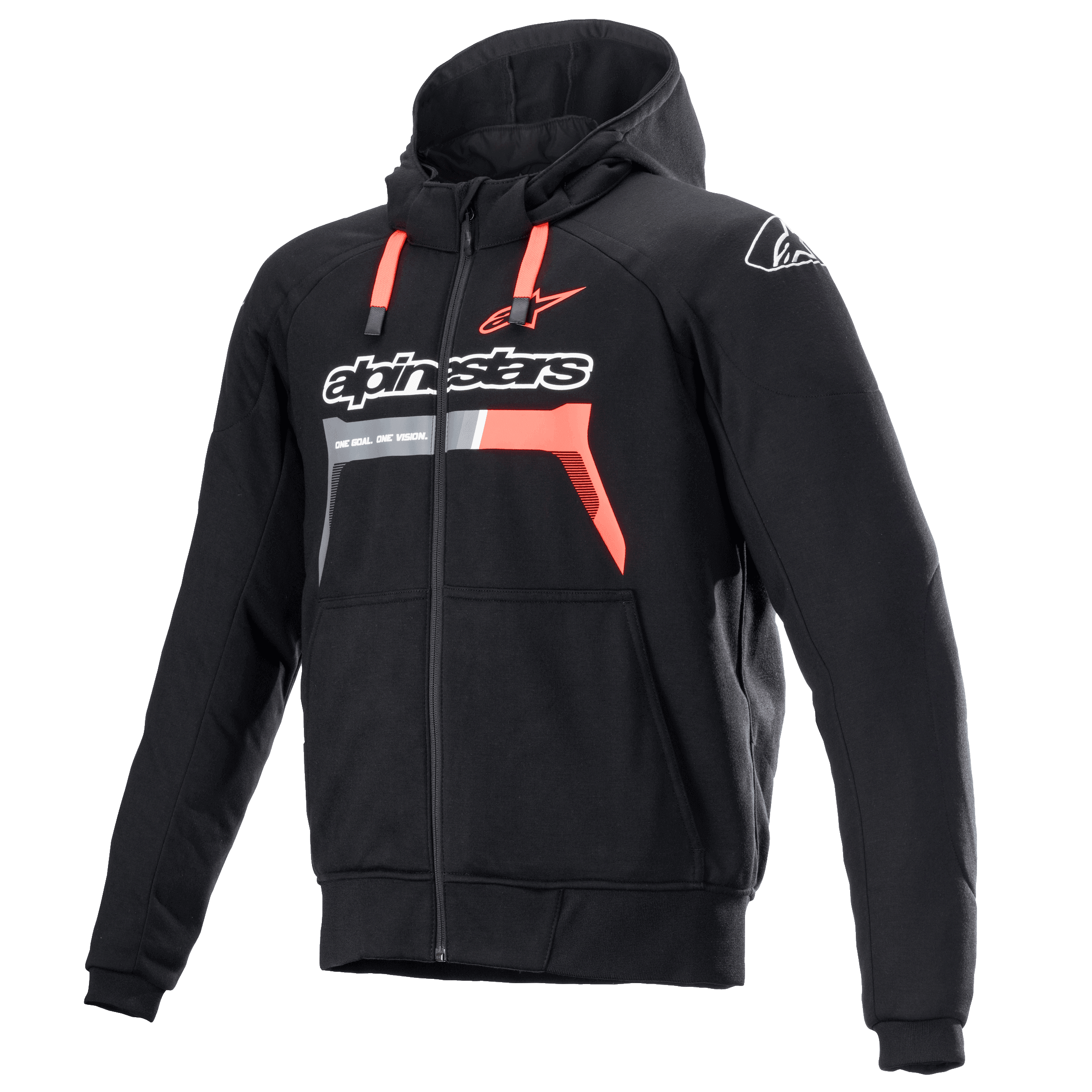 Sudadera Alpinestars Chrome Ignition, negro y rojo fluo, sudadera protectora de moto con cremallera, logotipo blanco en el pecho, cordones rojos y puños acanalados, equipamiento para conducción urbana