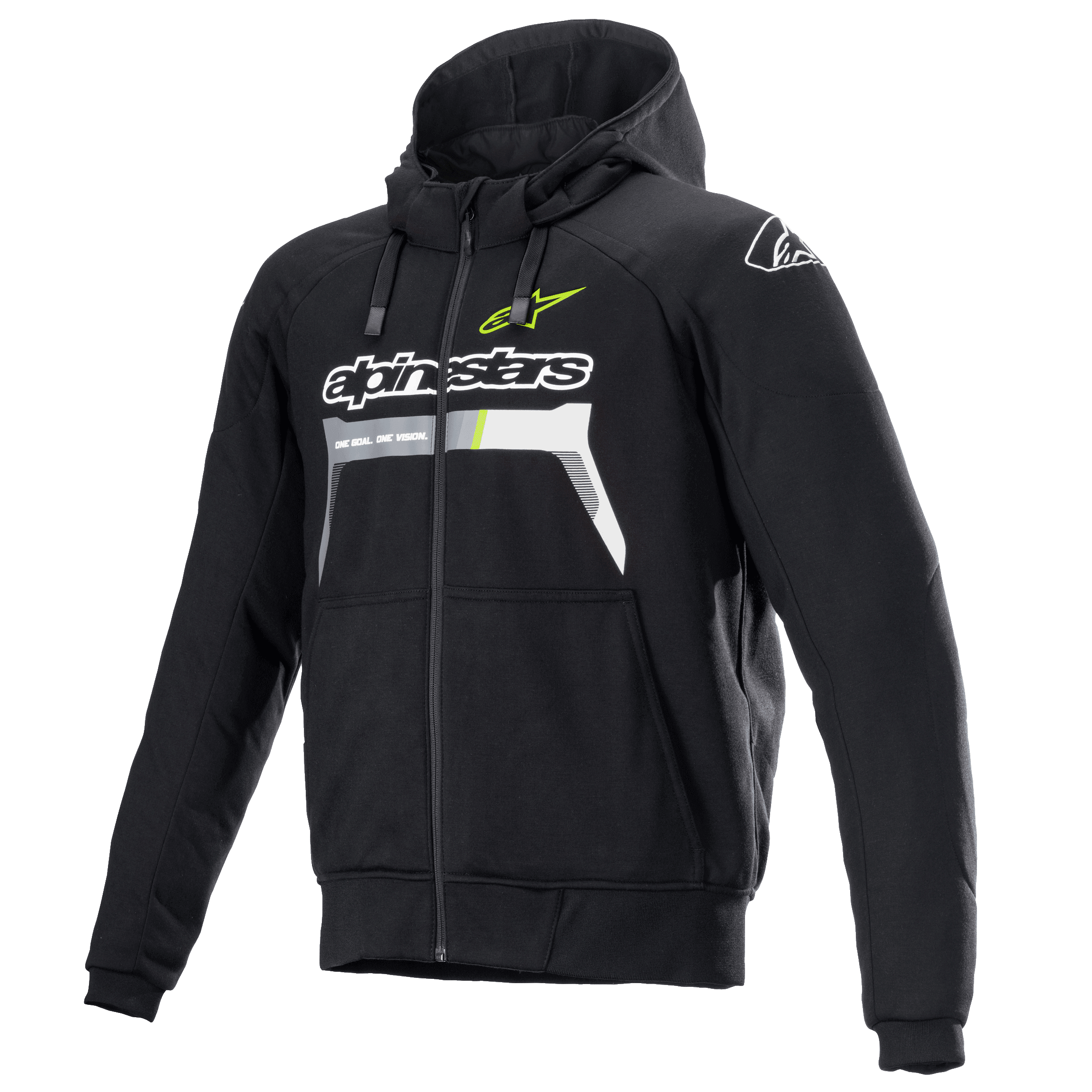 Alpinestars Chrome Ignition Hoodie, Black Zip-Up Motorcycle Hoodie, White and Yellow Fluo Logos, Front Zipper, Adjustable Hood, Two Front Pockets, Urban Riding Gear
