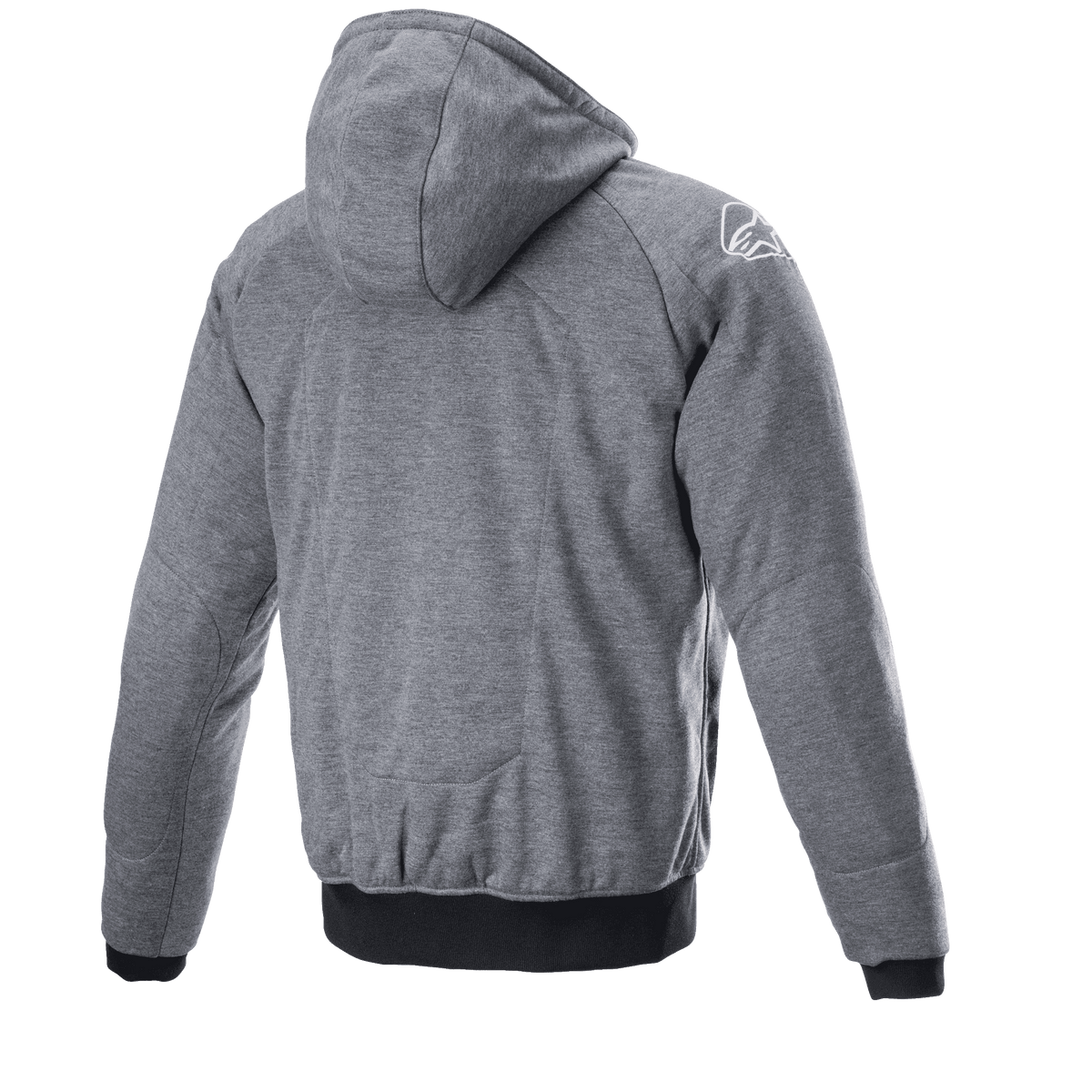 Alpinestars Chrome Ignition Hoodie, gris oscuro melange, vista trasera que muestra la capucha y el tejido texturizado, logotipo blanco en el hombro derecho, puños y cintura acanalados en negro, equipamiento de conducción urbana casual para moto