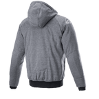 Alpinestars Chrome Ignition Hoodie, gris oscuro melange, vista trasera que muestra la capucha y el tejido texturizado, logotipo blanco en el hombro derecho, puños y cintura acanalados en negro, equipamiento de conducción urbana casual para moto