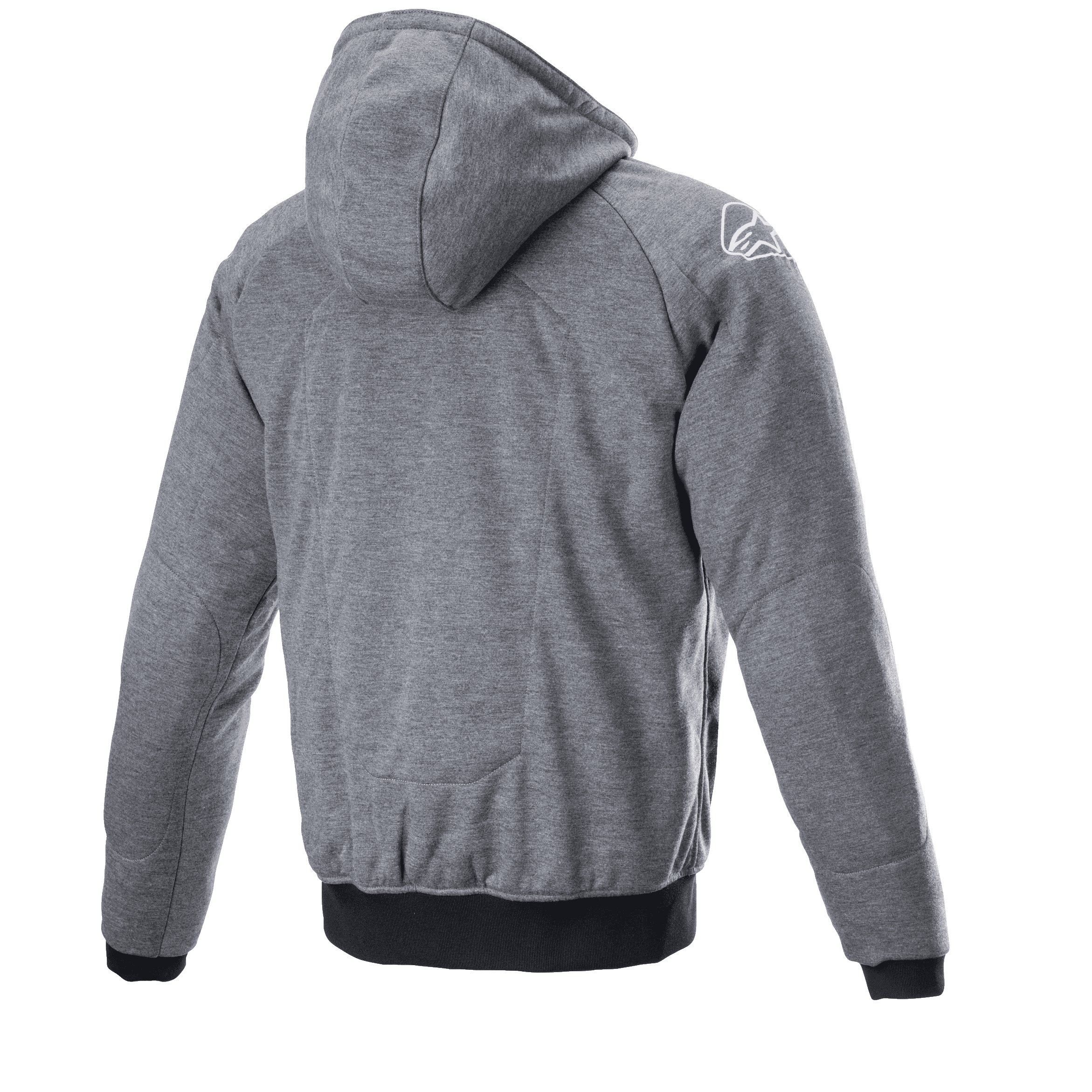 Alpinestars Chrome Ignition Hoodie, gris oscuro melange, vista trasera que muestra la capucha y el tejido texturizado, logotipo blanco en el hombro derecho, puños y cintura acanalados en negro, equipamiento de conducción urbana casual para moto