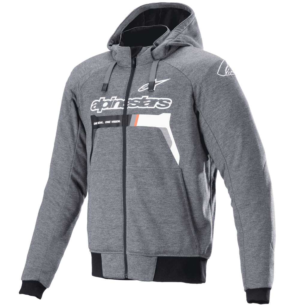 Alpinestars Chrome Ignition Hoodie, gris oscuro melange y blanco, sudadera de moto con cremallera, logotipo y texto de Alpinestars en blanco en el pecho con detalles naranjas, puños y cintura acanalados en negro, equipamiento de conducción urbana casual