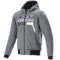 Alpinestars Chrome Ignition Hoodie, gris oscuro melange y blanco, sudadera de moto con cremallera, logotipo y texto de Alpinestars en blanco en el pecho con detalles naranjas, puños y cintura acanalados en negro, equipamiento de conducción urbana casual