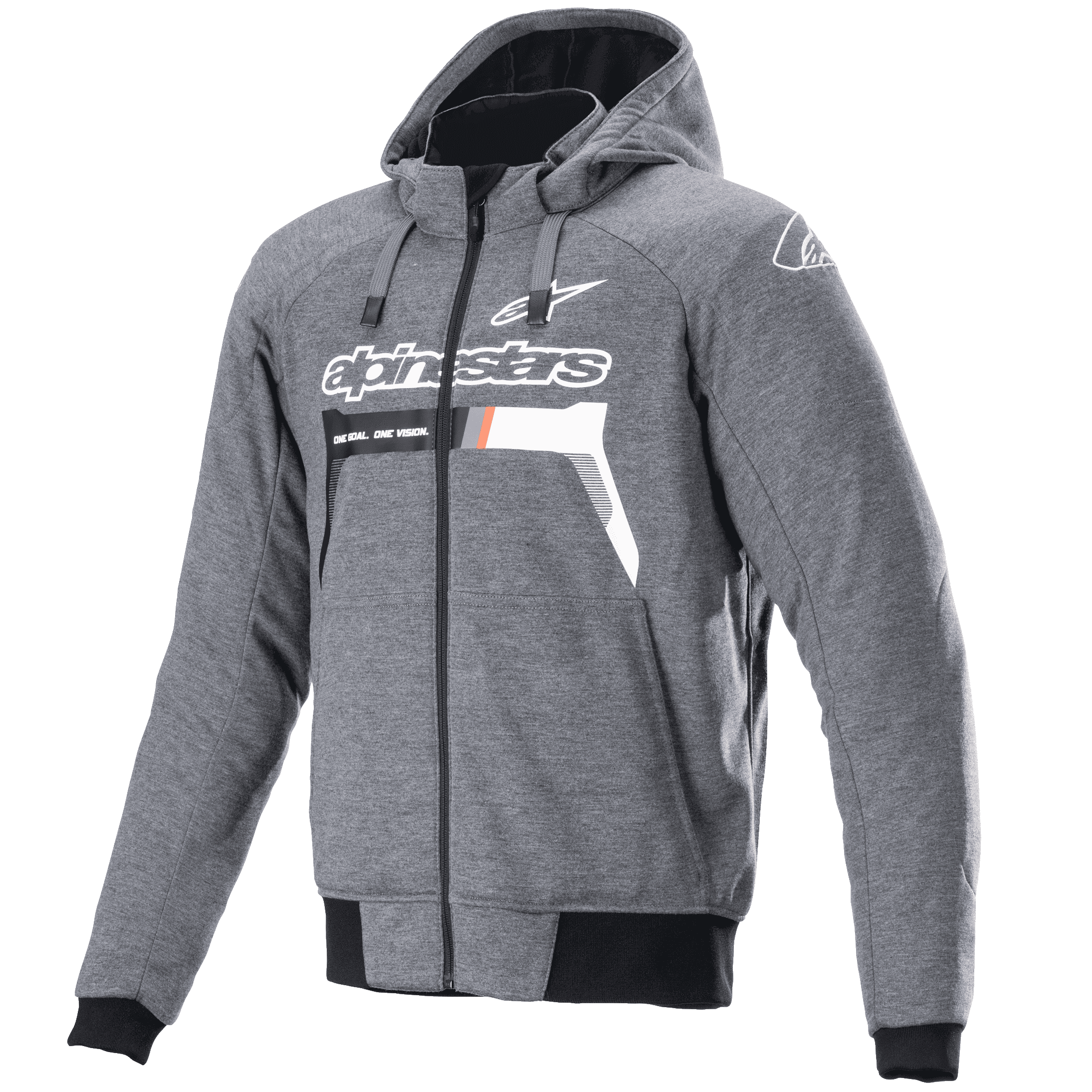 Alpinestars Chrome Ignition Hoodie, gris oscuro melange y blanco, sudadera de moto con cremallera, logotipo y texto de Alpinestars en blanco en el pecho con detalles naranjas, puños y cintura acanalados en negro, equipamiento de conducción urbana casual
