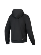 Alpinestars Honda Chrome V3 Sport Hoodie, negro, vista posterior de la sudadera para moto, confección en forro polar técnico, con capucha con conexión de presión, puños y dobladillo acanalados, y un pequeño logotipo blanco de Alpinestars en la parte inferior de la espalda.