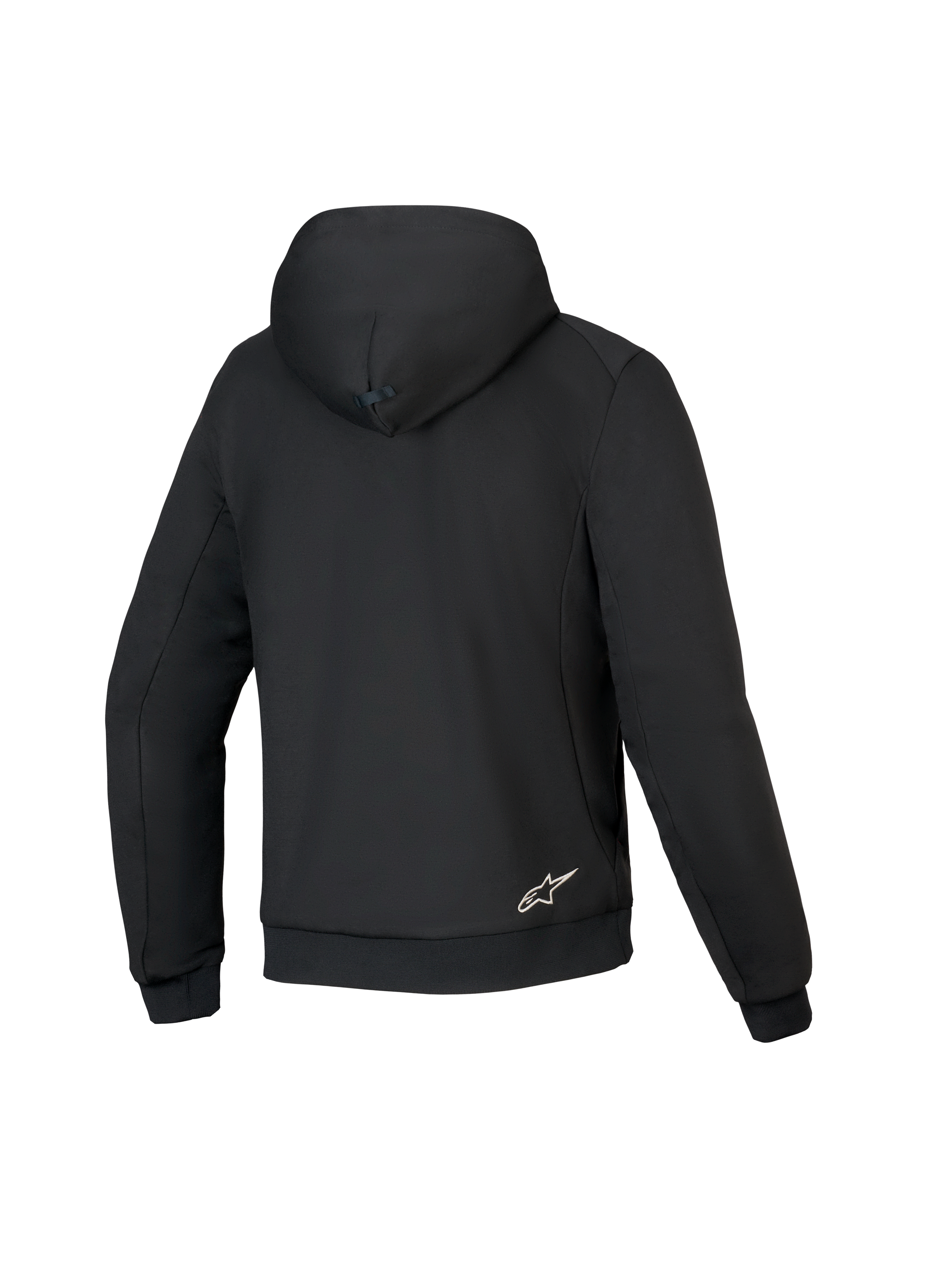Alpinestars Honda Chrome V3 Sport Hoodie, negro, vista posterior de la sudadera para moto, confección en forro polar técnico, con capucha con conexión de presión, puños y dobladillo acanalados, y un pequeño logotipo blanco de Alpinestars en la parte inferior de la espalda.