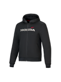 Sudadera Honda Chrome V3 Sport, chaqueta negra con capucha y cremallera frontal, logotipo HONDA blanco y estrella roja de Alpinestars en el pecho, mangas largas con puños acanalados, forro de la capucha en rojo, ropa urbana para montar en moto