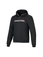 Sudadera Honda Chrome V3 Sport, chaqueta negra con capucha y cremallera frontal, logotipo HONDA blanco y estrella roja de Alpinestars en el pecho, mangas largas con puños acanalados, forro de la capucha en rojo, ropa urbana para montar en moto