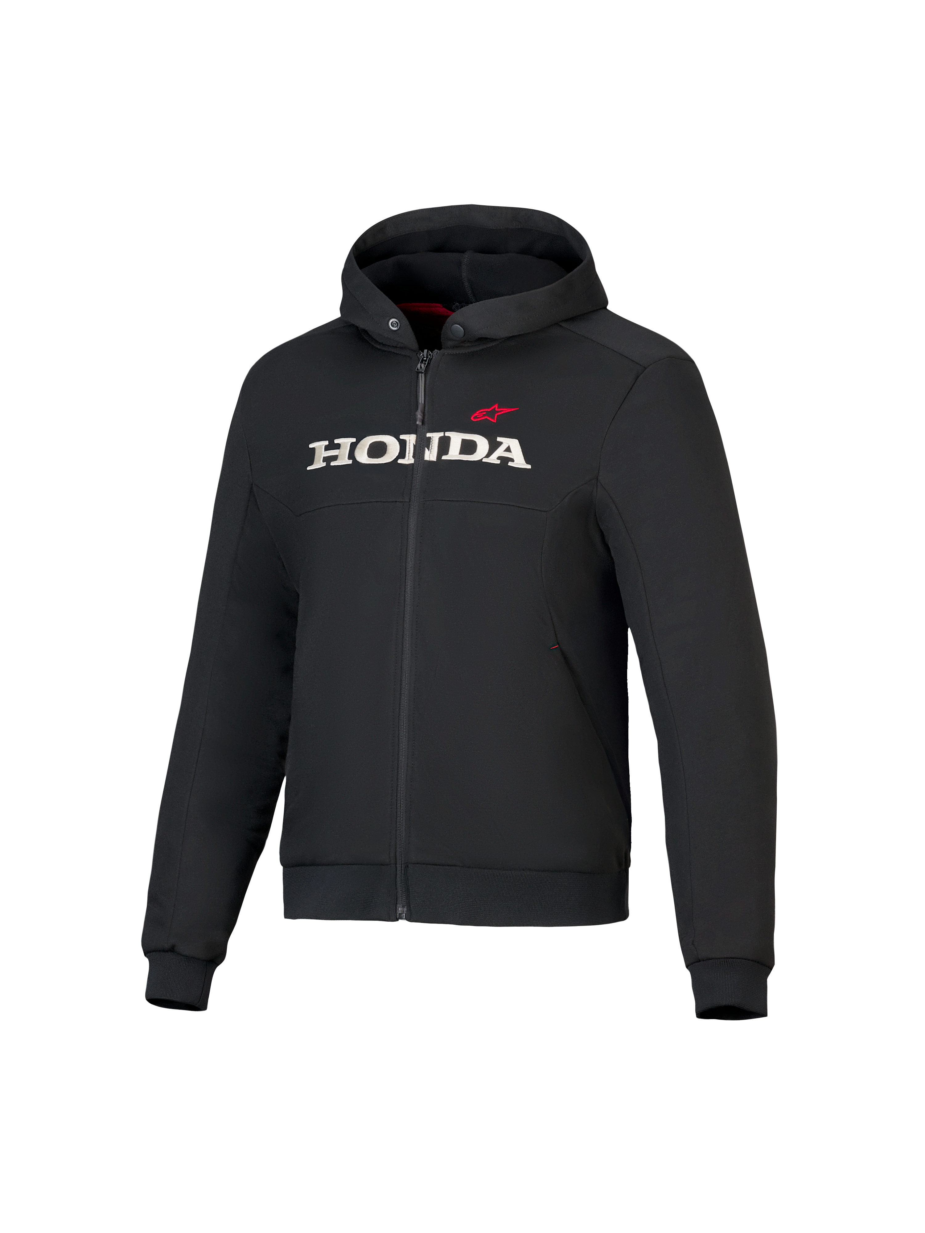 Sudadera Honda Chrome V3 Sport, chaqueta negra con capucha y cremallera frontal, logotipo HONDA blanco y estrella roja de Alpinestars en el pecho, mangas largas con puños acanalados, forro de la capucha en rojo, ropa urbana para montar en moto