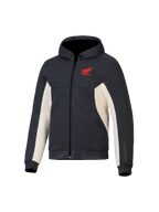 Alpinestars Honda Chrome V3 Sport Hoodie, Anthracite Melange and Off White, Red Honda Wing logo on the chest, Full-zip tech fleece with snap-button hood and ribbed cuffs, casual urban motorcycle riding gear