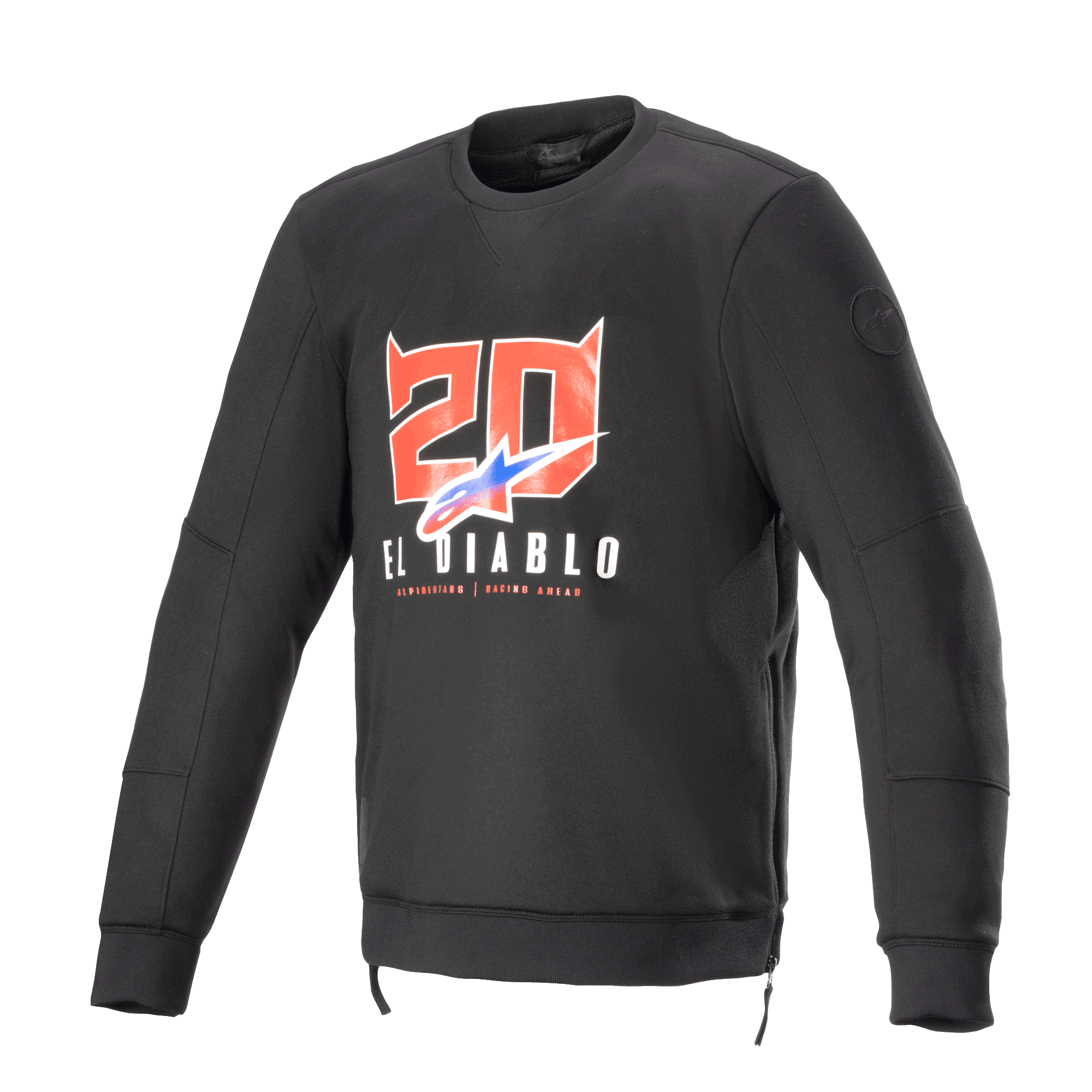Alpinestars FQ20 Legit Crew Fleece, Black long-sleeve motorcycle sweatshirt, features red horned devil '20' and 'El Diablo' graphics on chest with blue and red fade logo, side zippers and ribbed trim, urban casual riding gear