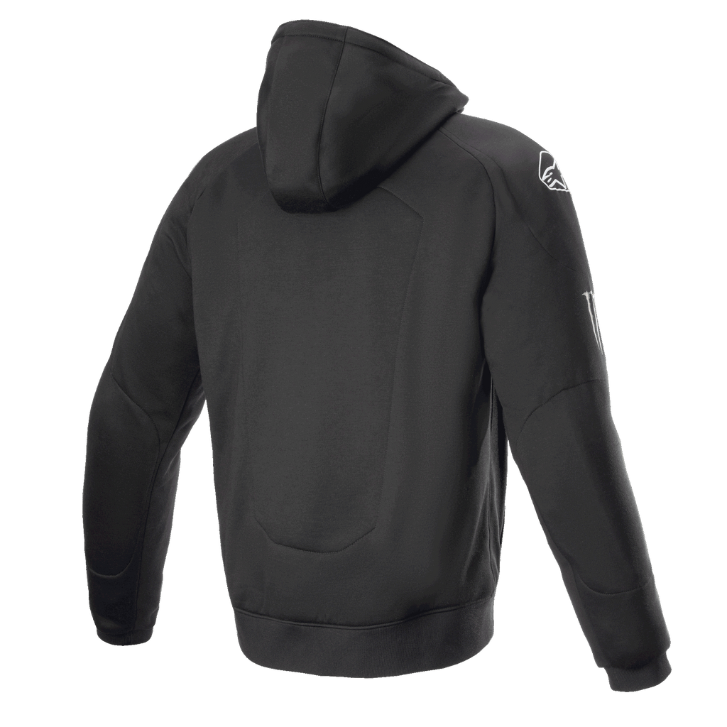 Alpinestars FQ20 Chrome Ignition Monster Hoodie, sudadera de moto negra, vista trasera, logotipo blanco de Alpinestars en el hombro, marca de Monster Energy en la manga, diseño urbano casual con construcción textil protectora