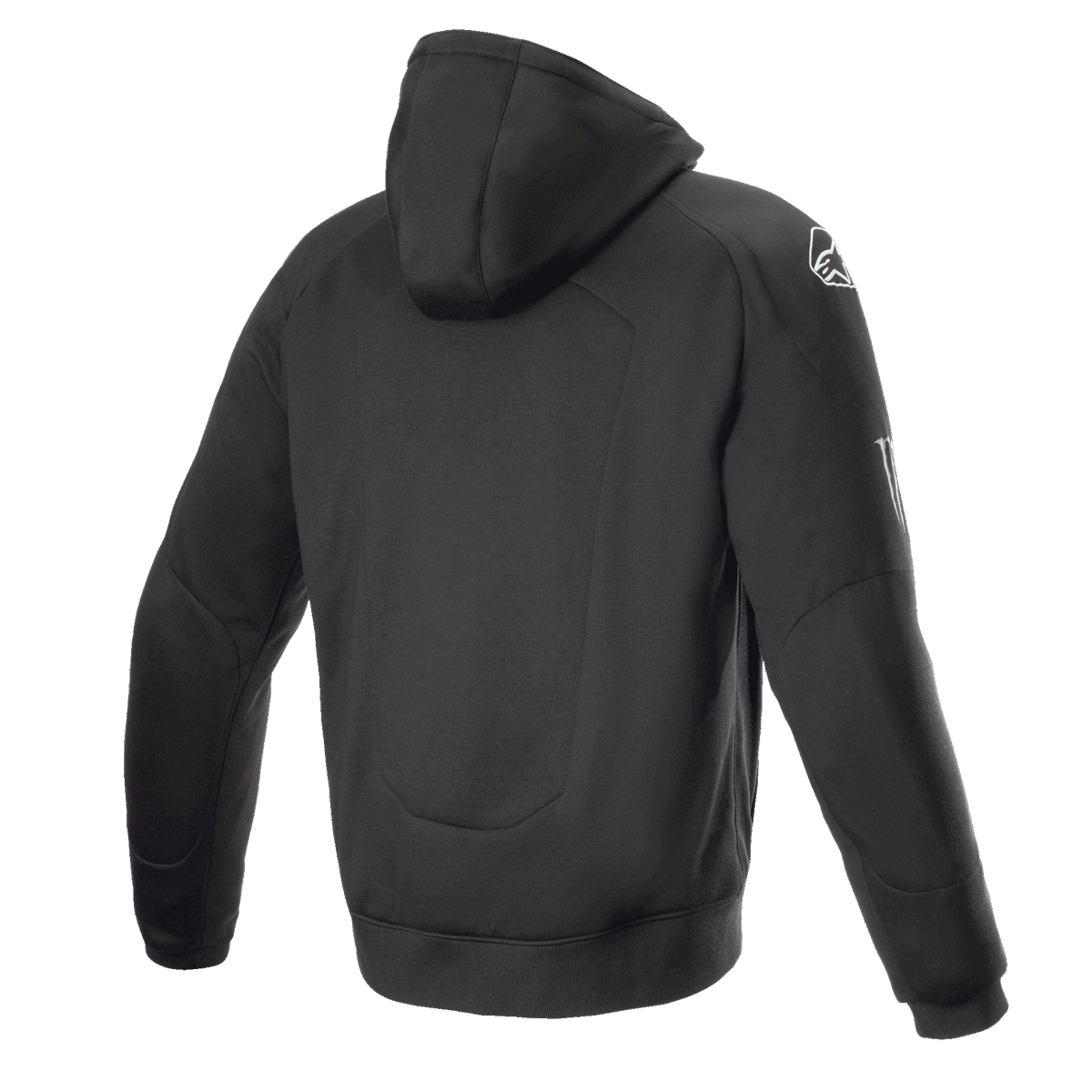 Alpinestars FQ20 Chrome Ignition Monster Hoodie, sudadera de moto negra, vista trasera, logotipo blanco de Alpinestars en el hombro, marca de Monster Energy en la manga, diseño urbano casual con construcción textil protectora