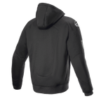 Alpinestars FQ20 Chrome Ignition Monster Hoodie, sudadera de moto negra, vista trasera, logotipo blanco de Alpinestars en el hombro, marca de Monster Energy en la manga, diseño urbano casual con construcción textil protectora