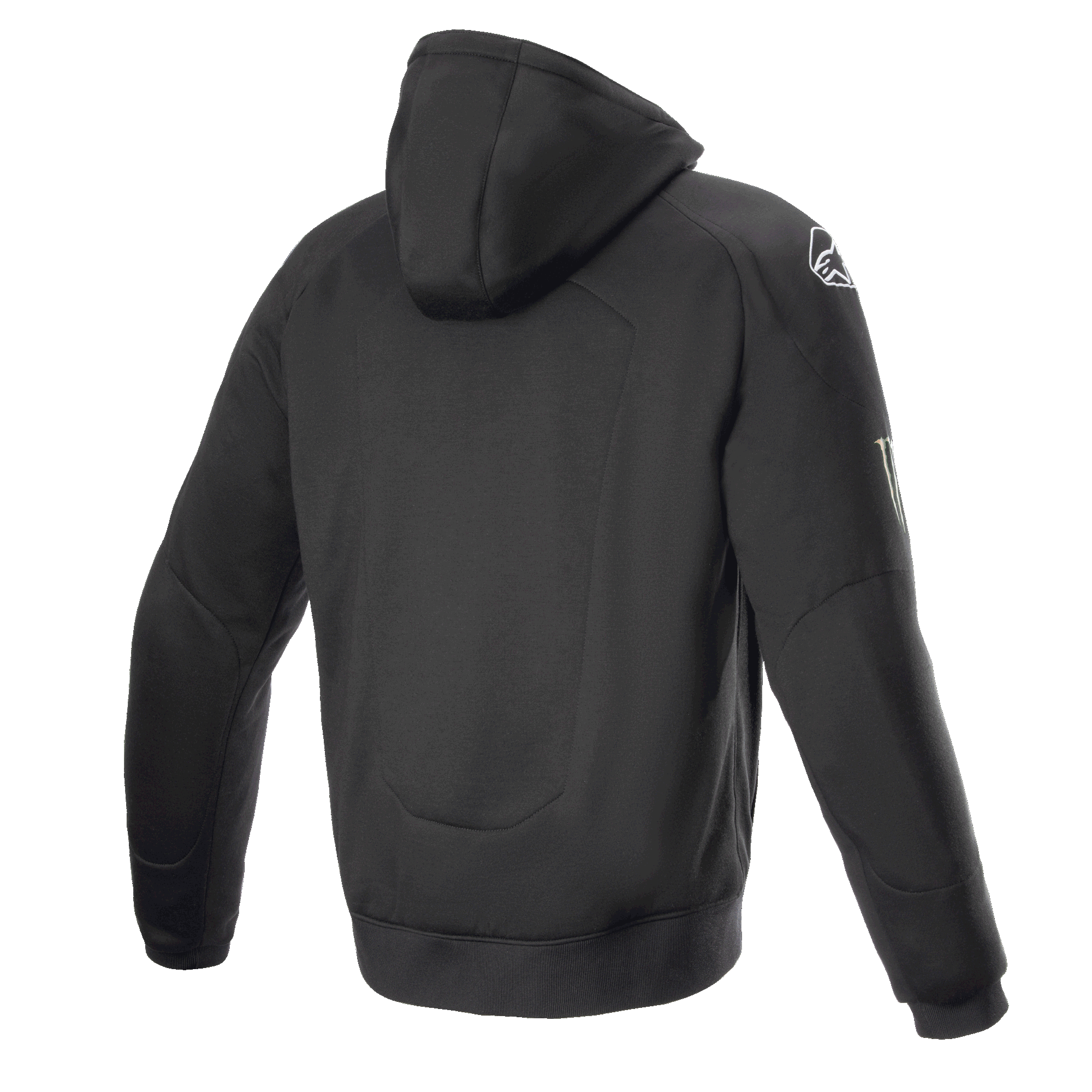 Alpinestars FQ20 Chrome Ignition Monster Hoodie, sudadera de moto negra, vista trasera, logotipo blanco de Alpinestars en el hombro, marca de Monster Energy en la manga, diseño urbano casual con construcción textil protectora